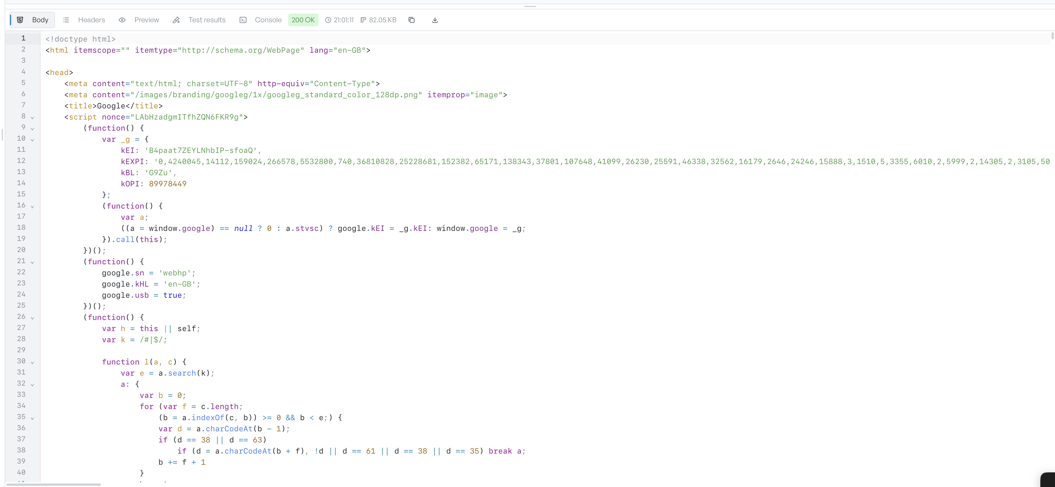 Response viewer with headers, preview, test results and console tabs above a syntax-highlighted body