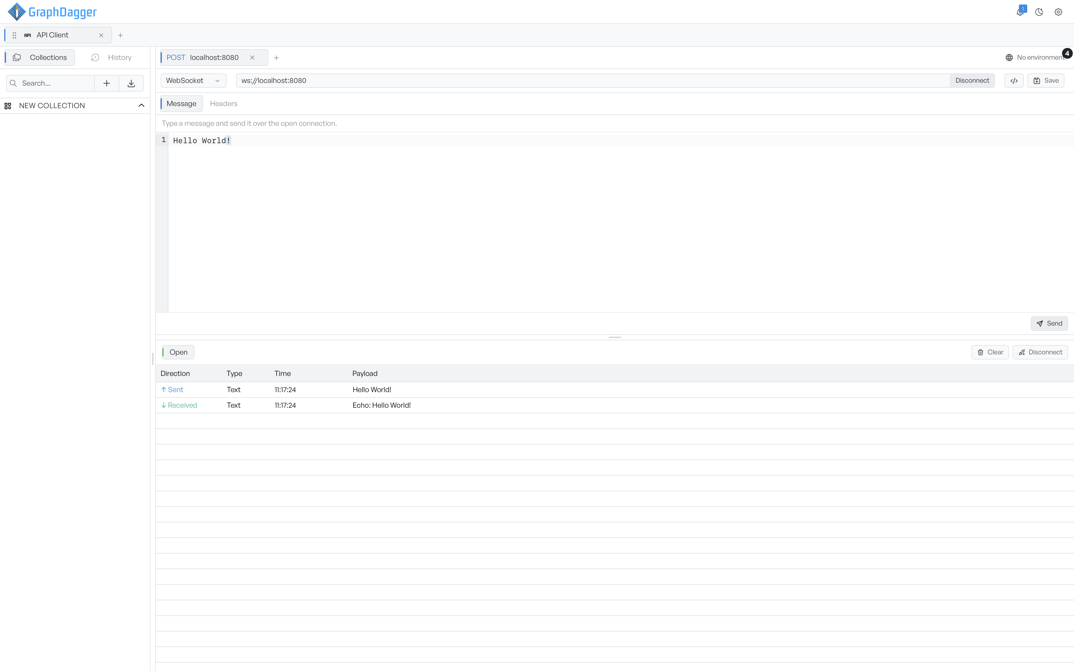 A WebSocket tab with an open connection, a composed message and the frame log listing sent and received frames with direction, type and time