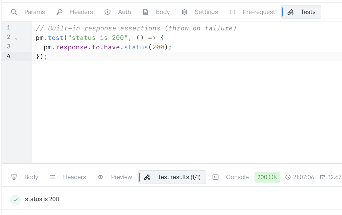The Tests editor asserting the status is 200, with the passing result listed in the Test results tab below