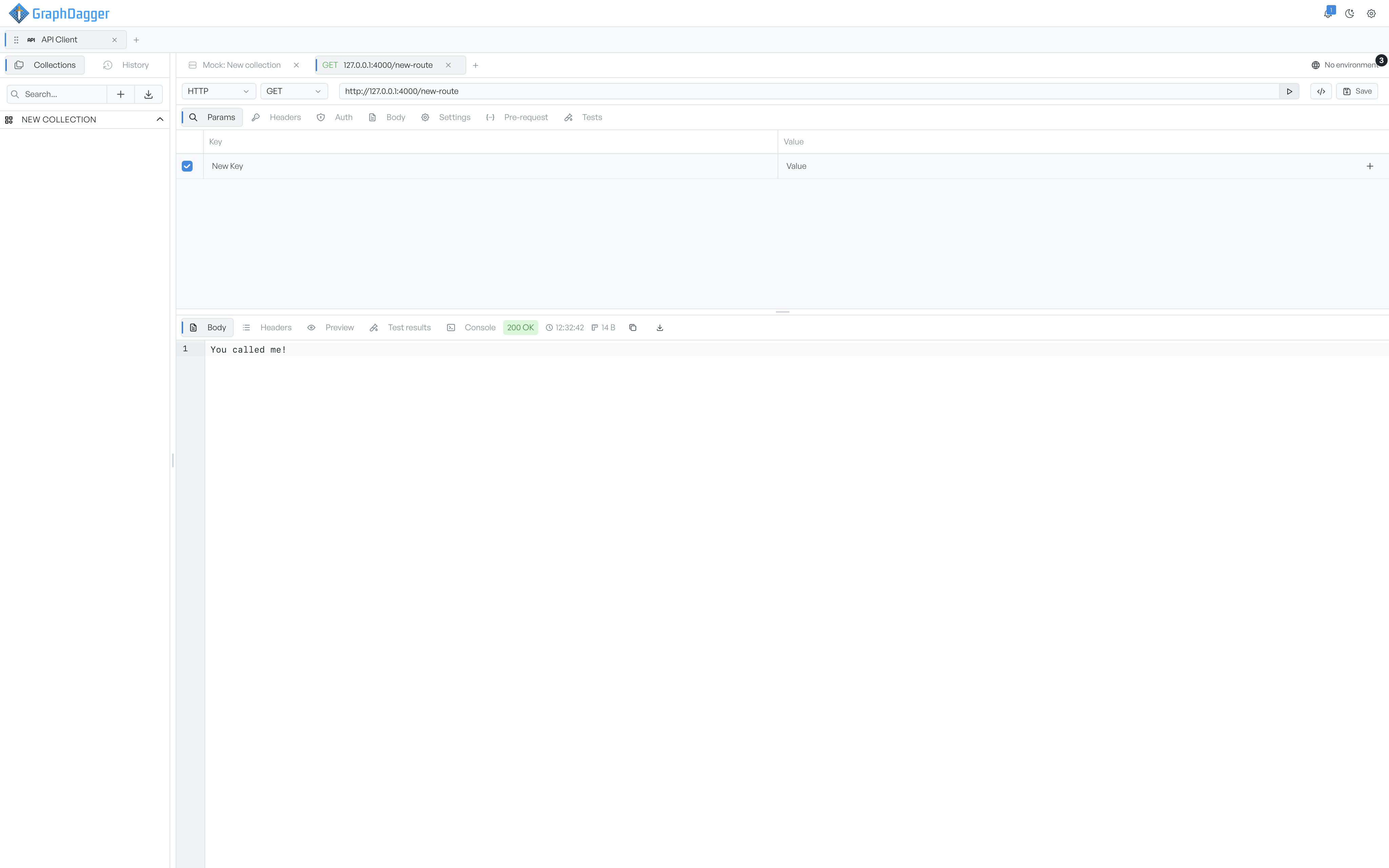 A request tab calling a running mock route on a local port and receiving its stubbed 200 response
