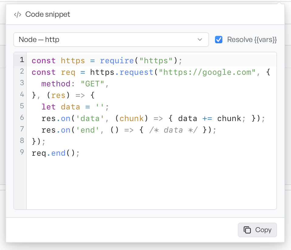 The code snippet panel showing generated Node code for a request, with the language picker and Resolve vars option above a Copy button