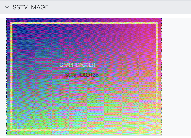 A decoded SSTV image in the results panel, showing a Robot 36 test pattern with a colour gradient and the text GraphDagger SSTV Robot36