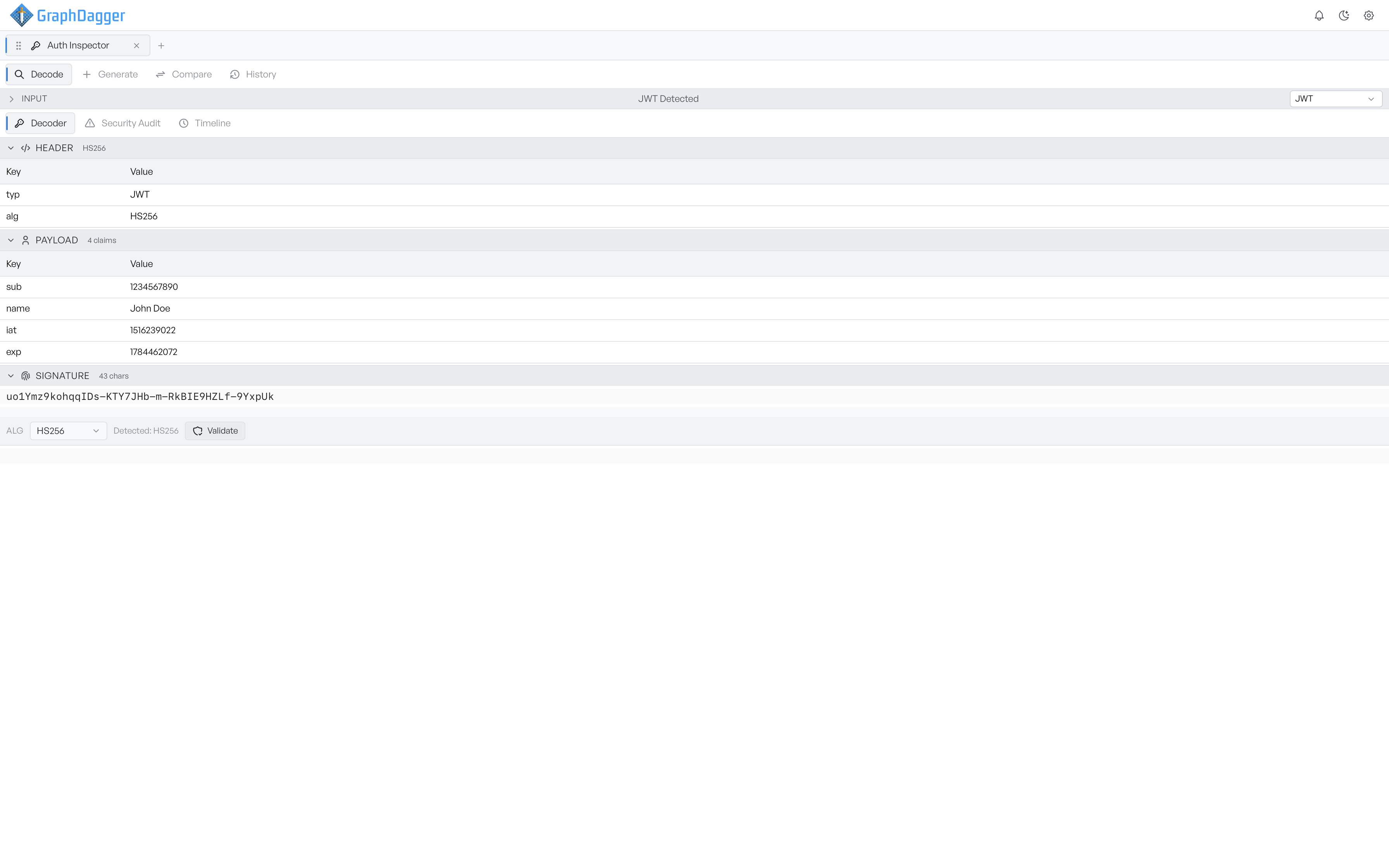 Decoded JWT with header, payload and signature sections and the signature validator underneath