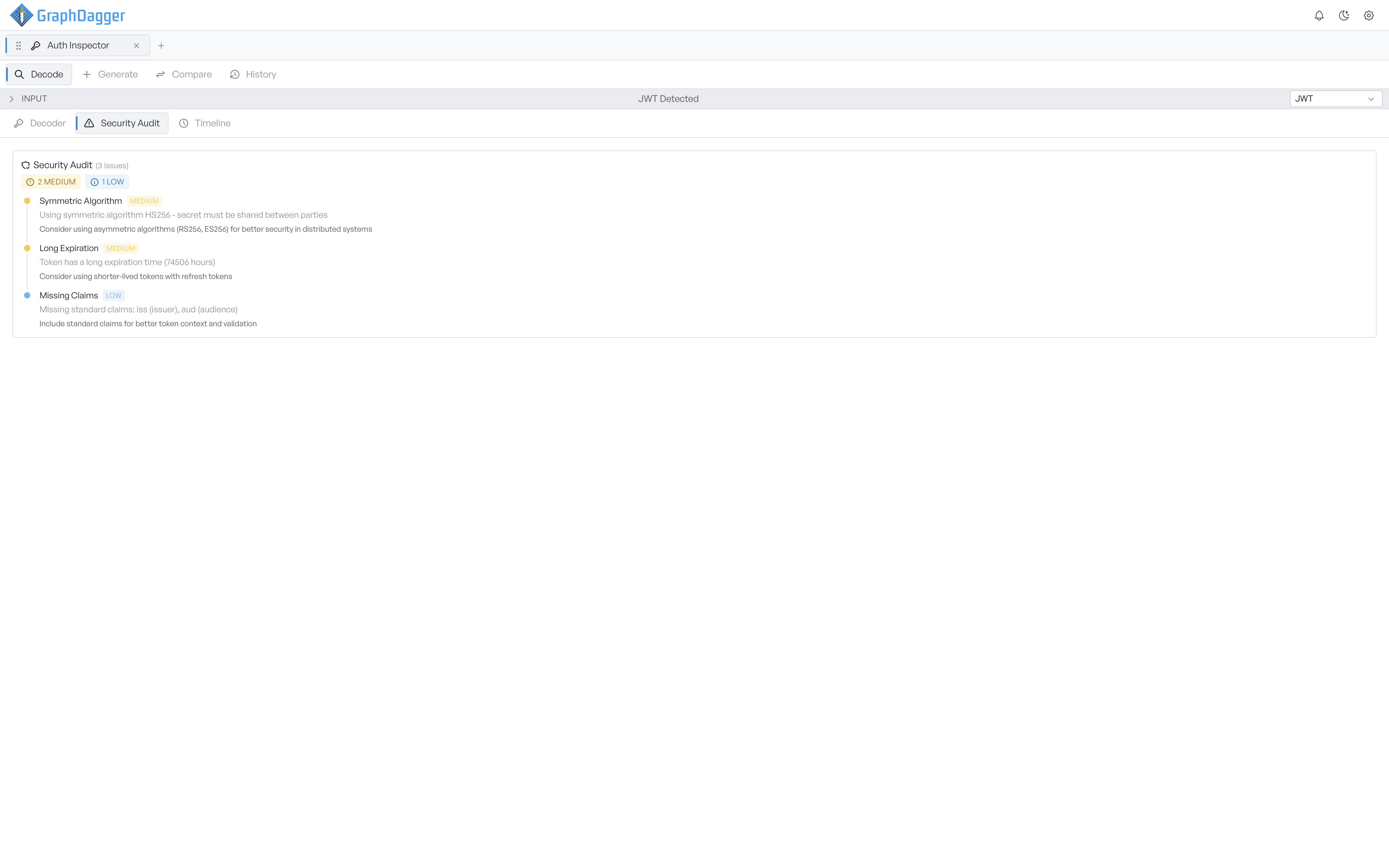 Security audit listing a symmetric algorithm warning, a long expiration and missing standard claims