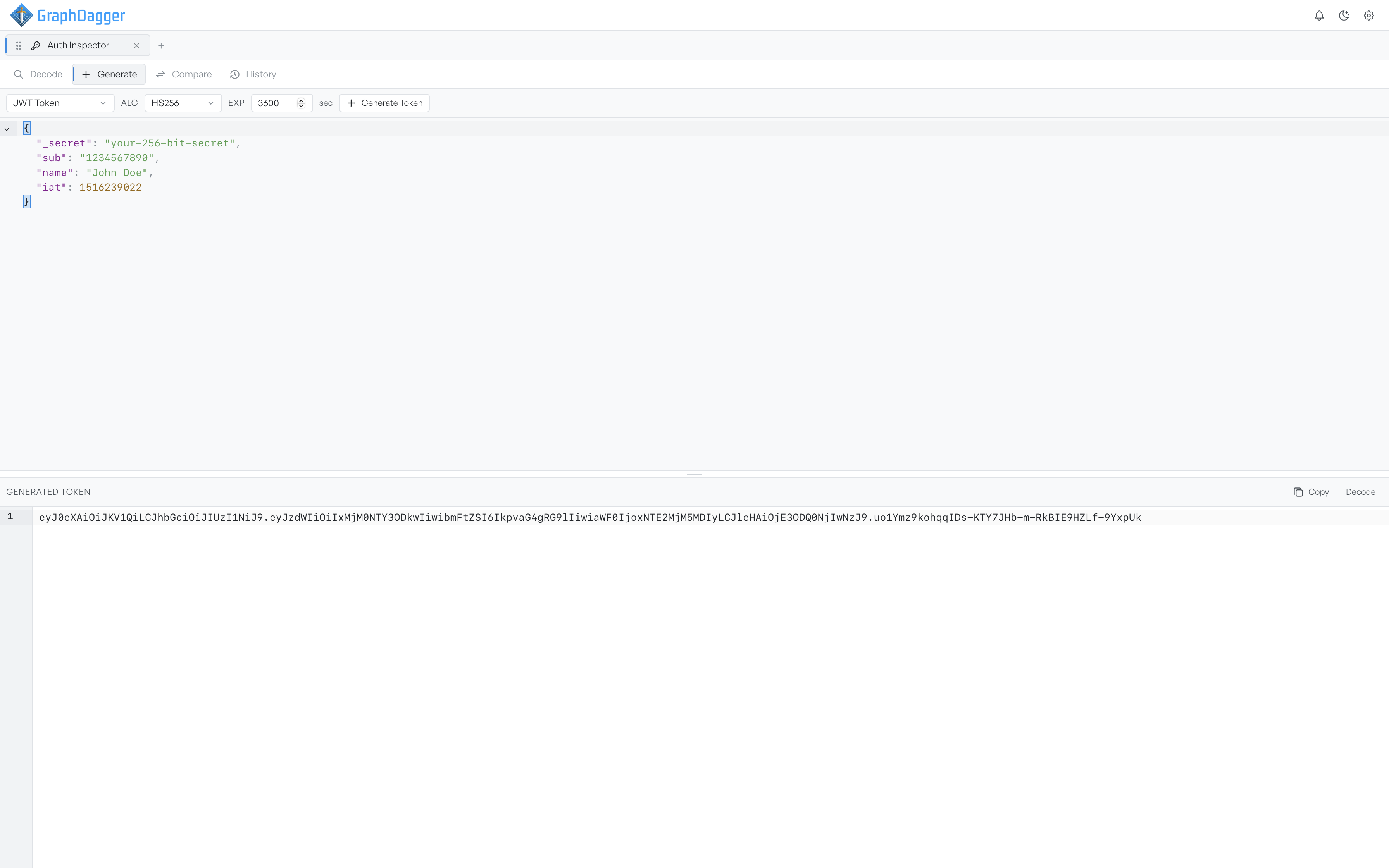 JWT generator with a claims payload above and the signed token in the Generated Token panel below
