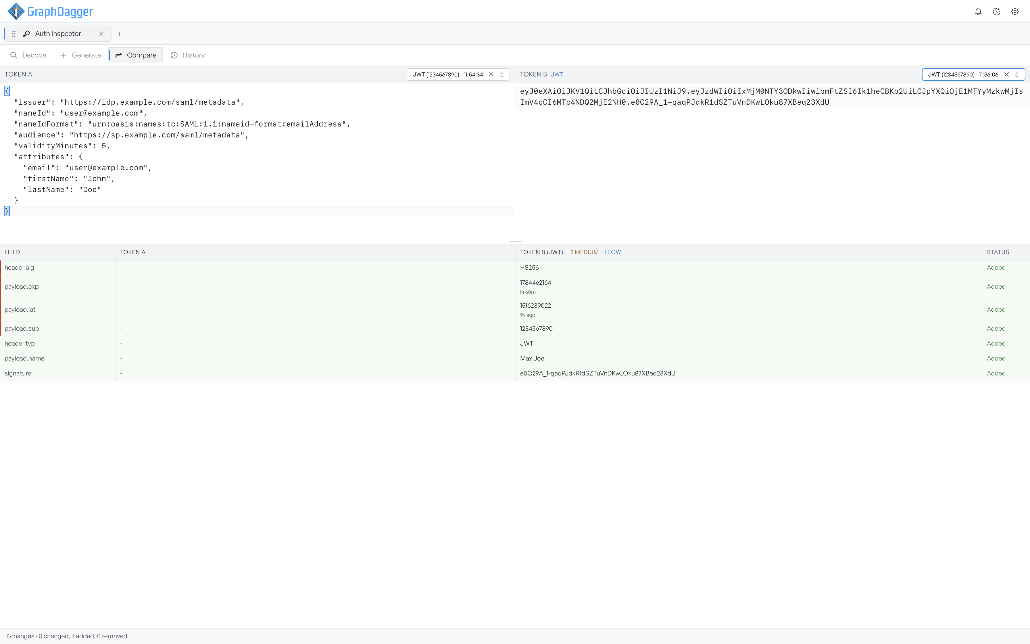 Compare mode with two JWTs loaded and the diff table listing each field, both values and its status