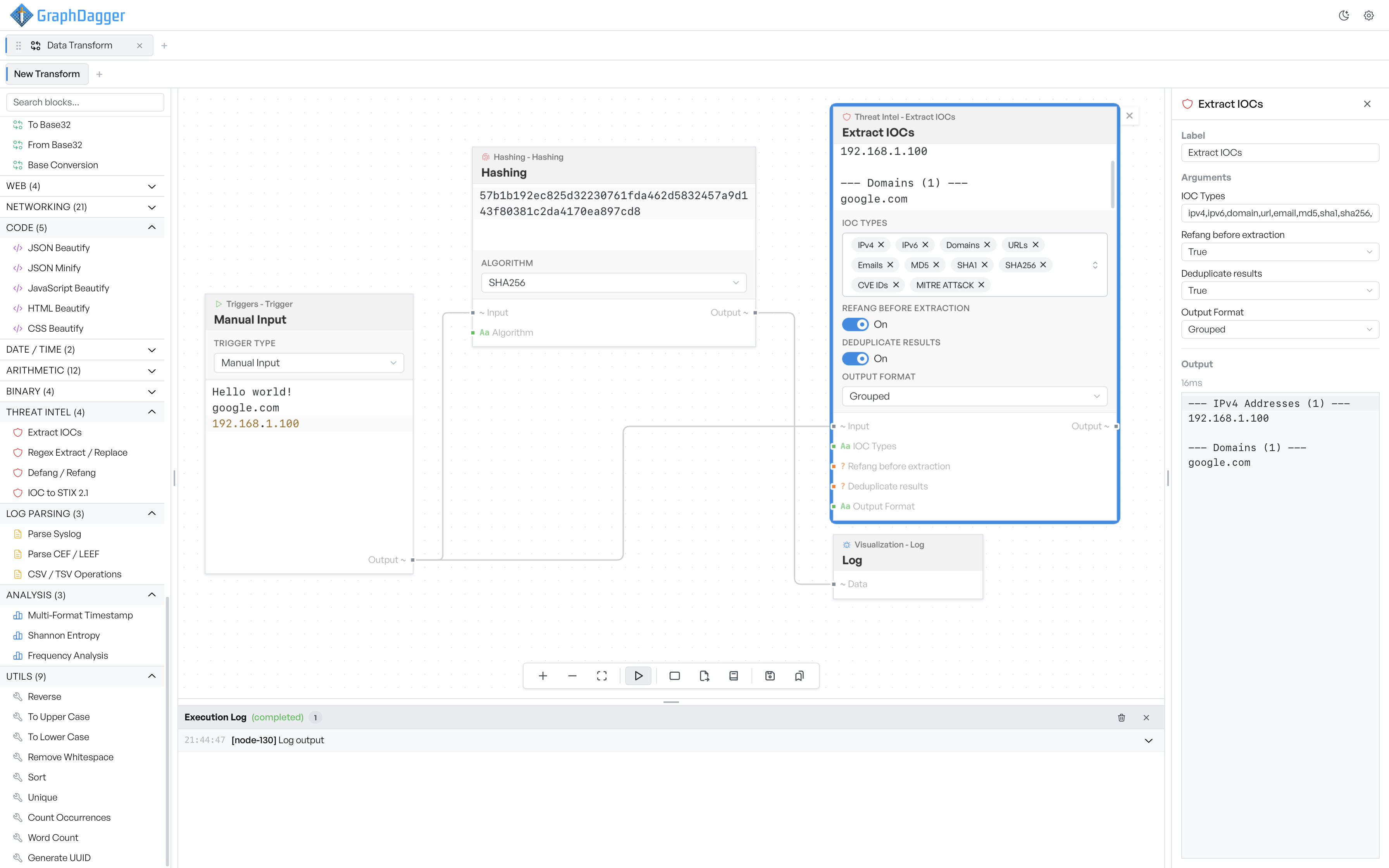 Transform canvas running a flow from manual input through hashing and IOC extraction to a log block, with the block catalogue and inspector alongside