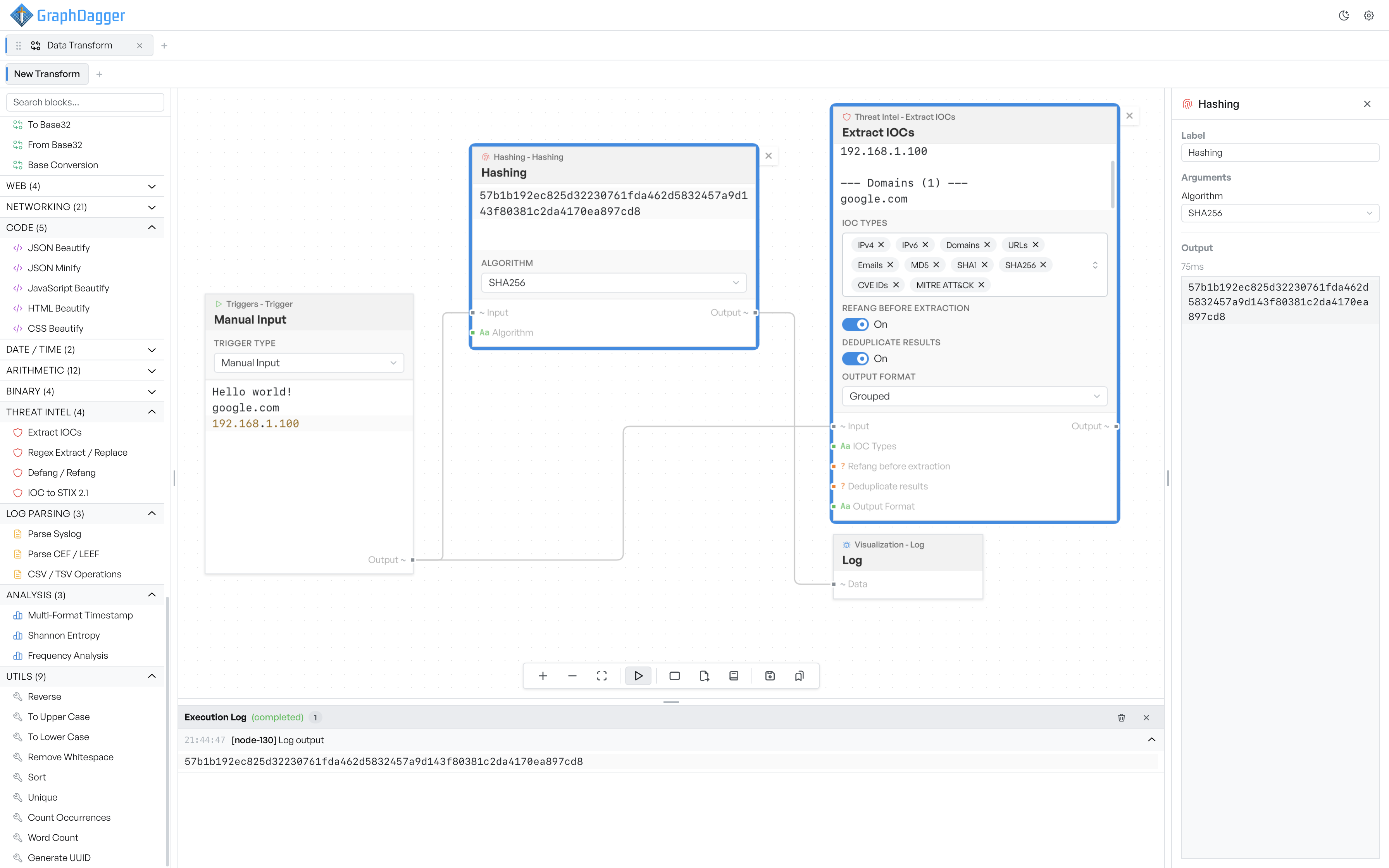 Hashing block selected on the canvas, with the inspector showing its SHA-256 argument, the computed digest and the run time
