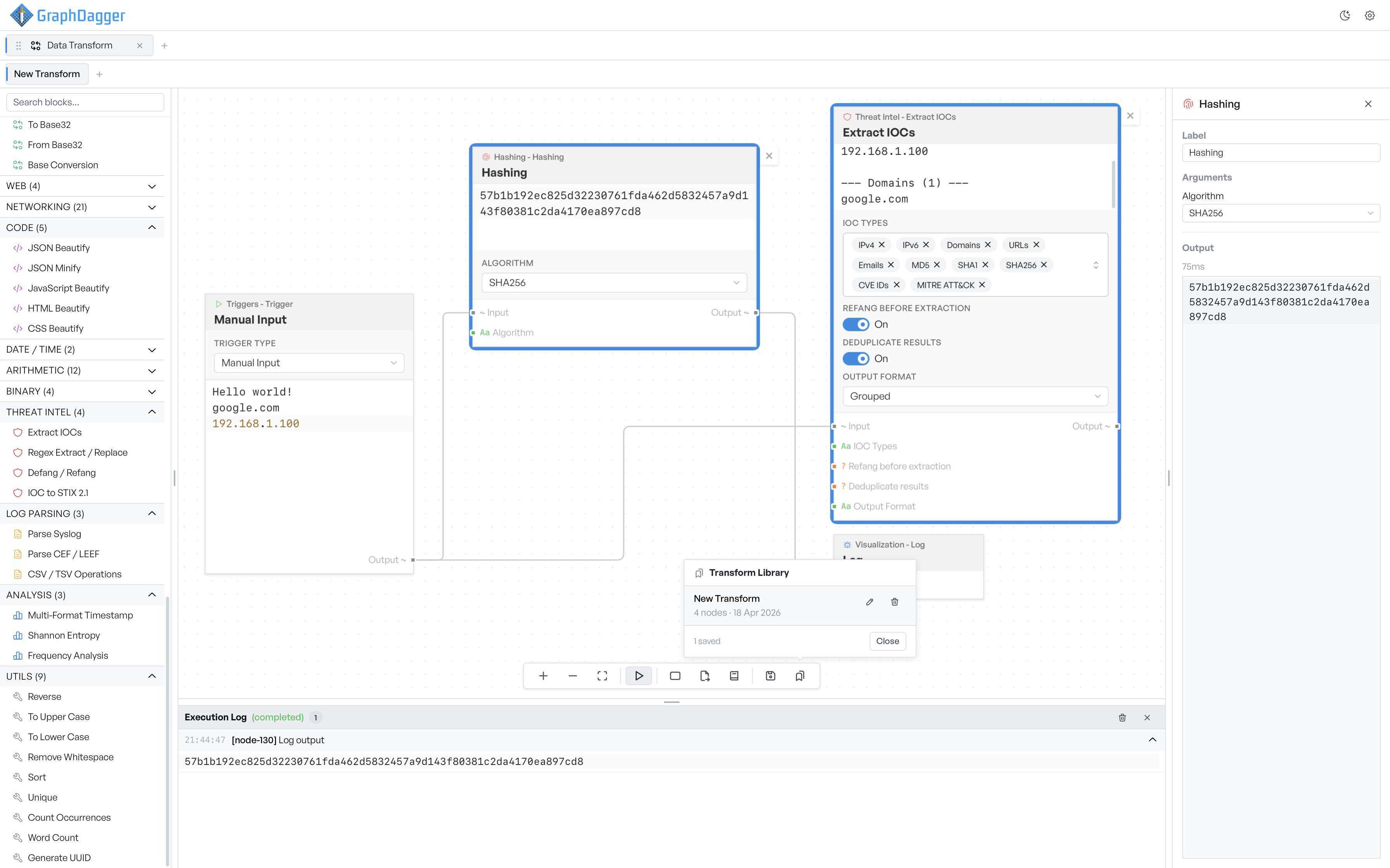 The Transform Library popover over the canvas, listing a saved four-node flow ready to reload
