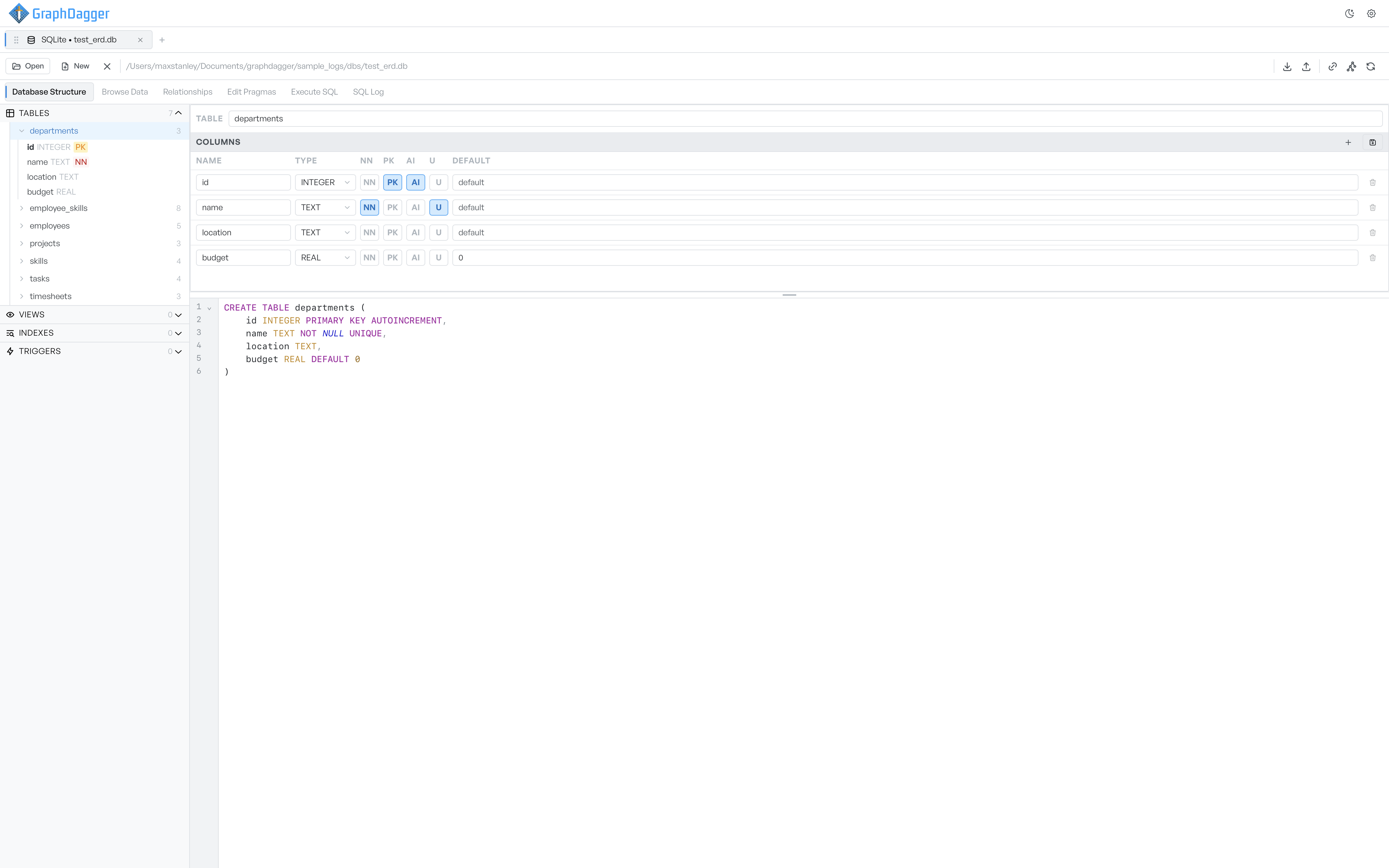 Database Structure tab with the table tree expanded and a table's columns and CREATE statement laid out on the right