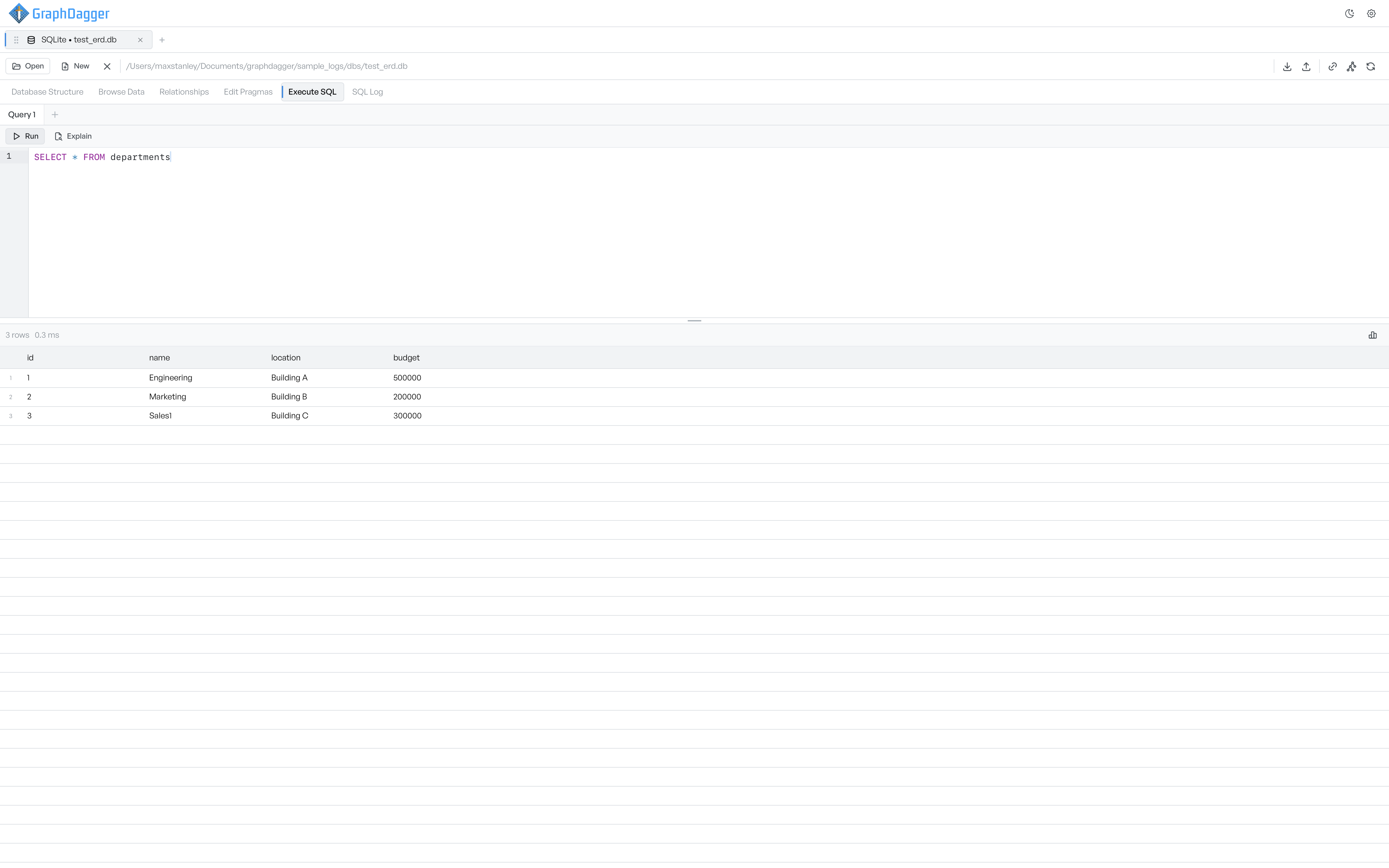 SQL editor with Run and Explain controls above a results grid showing rows and query time
