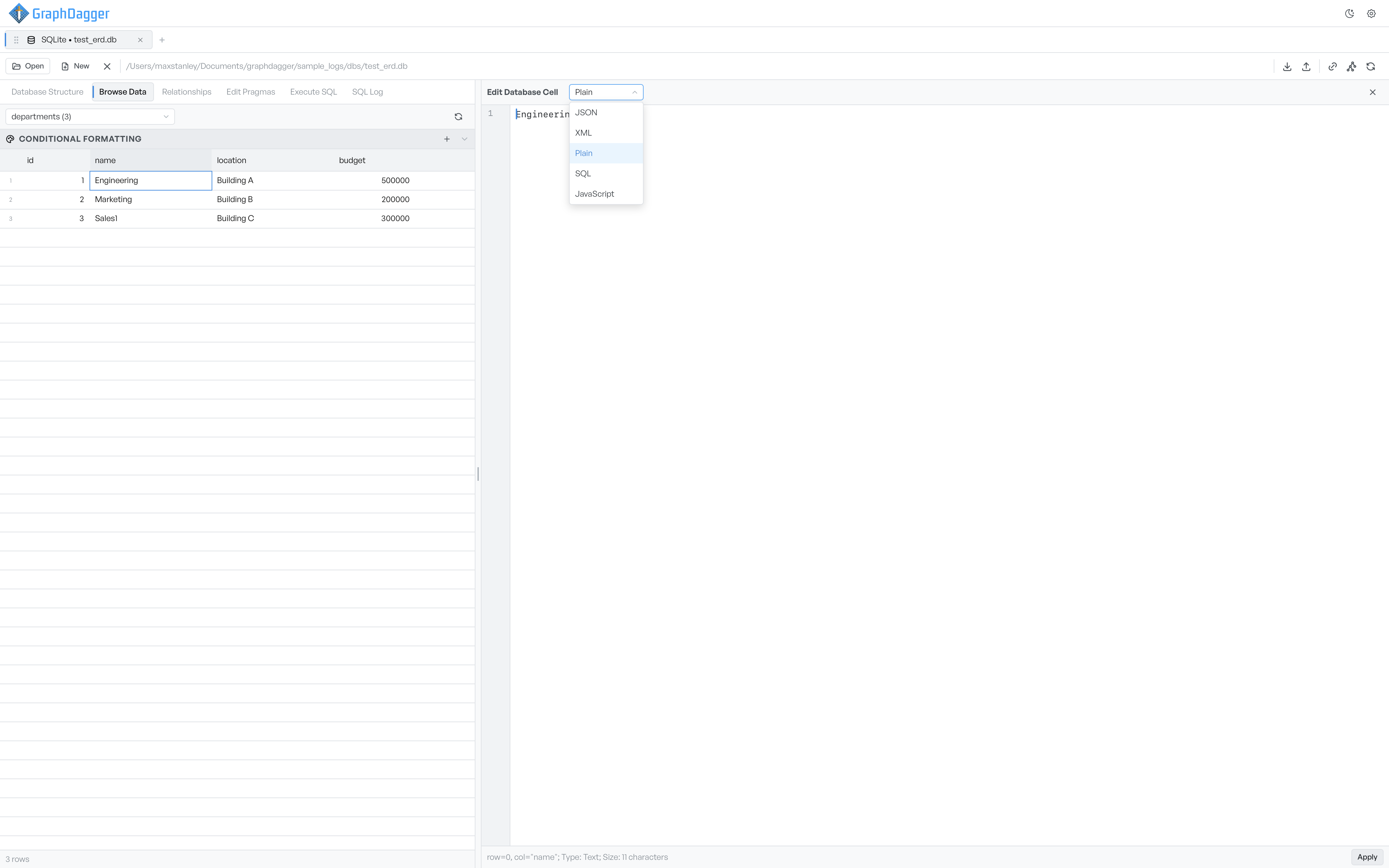 The Browse Data tab with a cell open in the editor, its format dropdown offering plain text, JSON, XML, SQL and JavaScript, beside conditional formatting rules