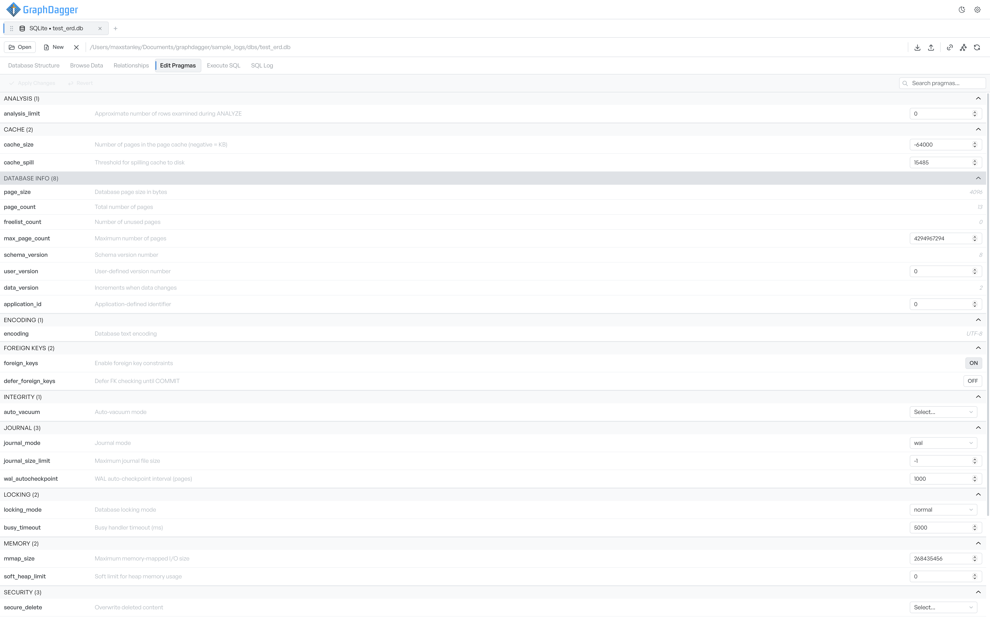 The Edit Pragmas tab listing SQLite settings grouped into cache, journal, locking and memory, each with its current value