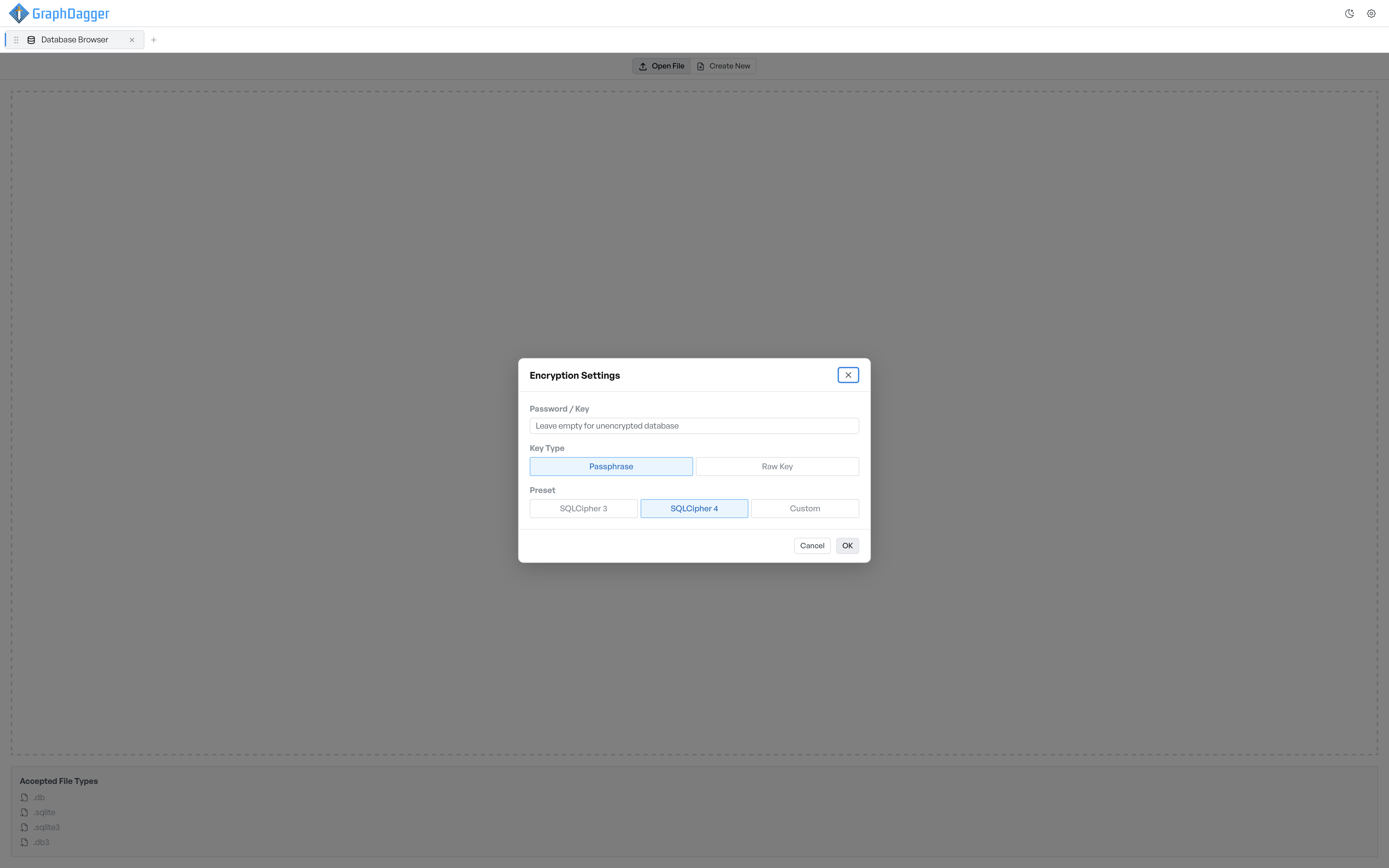 The Encryption Settings dialog with a password field, a passphrase or raw key choice and SQLCipher 3, 4 and custom presets