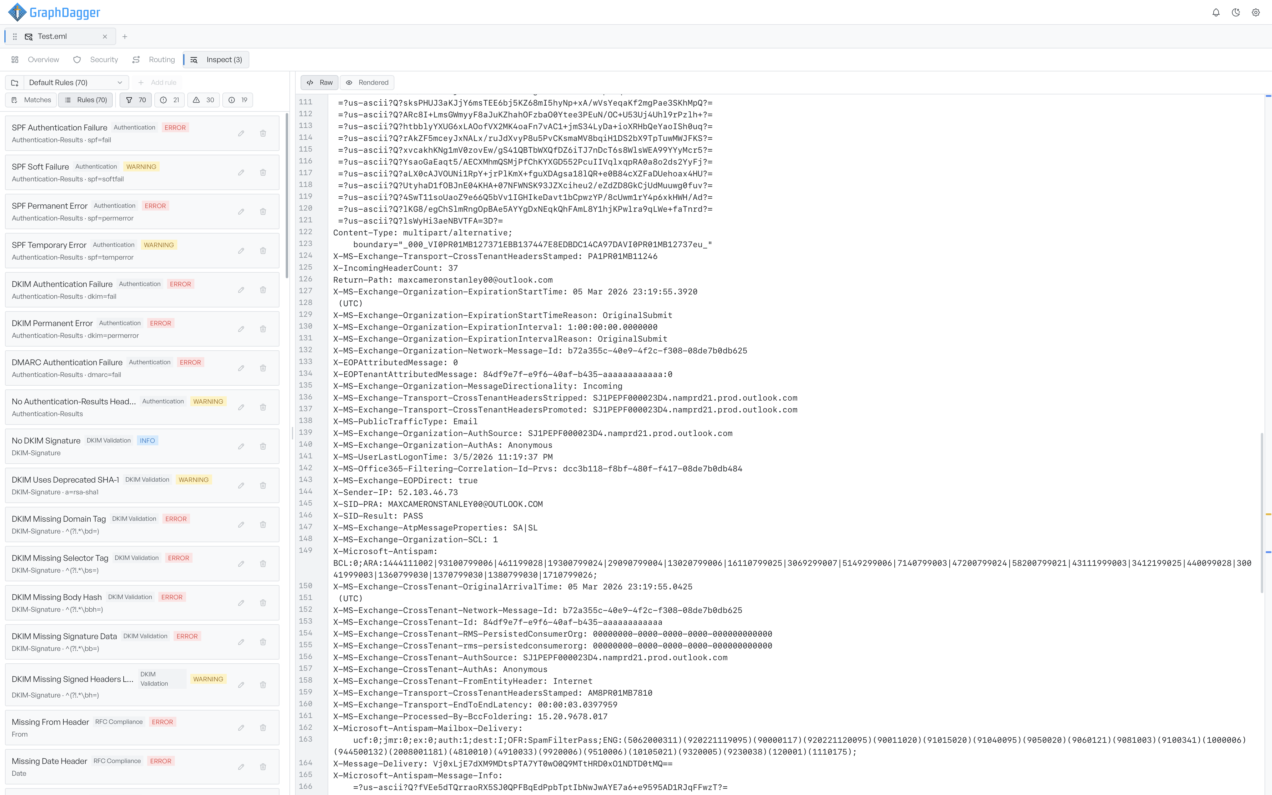 The Inspect tab's Rules view listing the built-in ruleset's 70 checks with severity badges, beside the raw message source