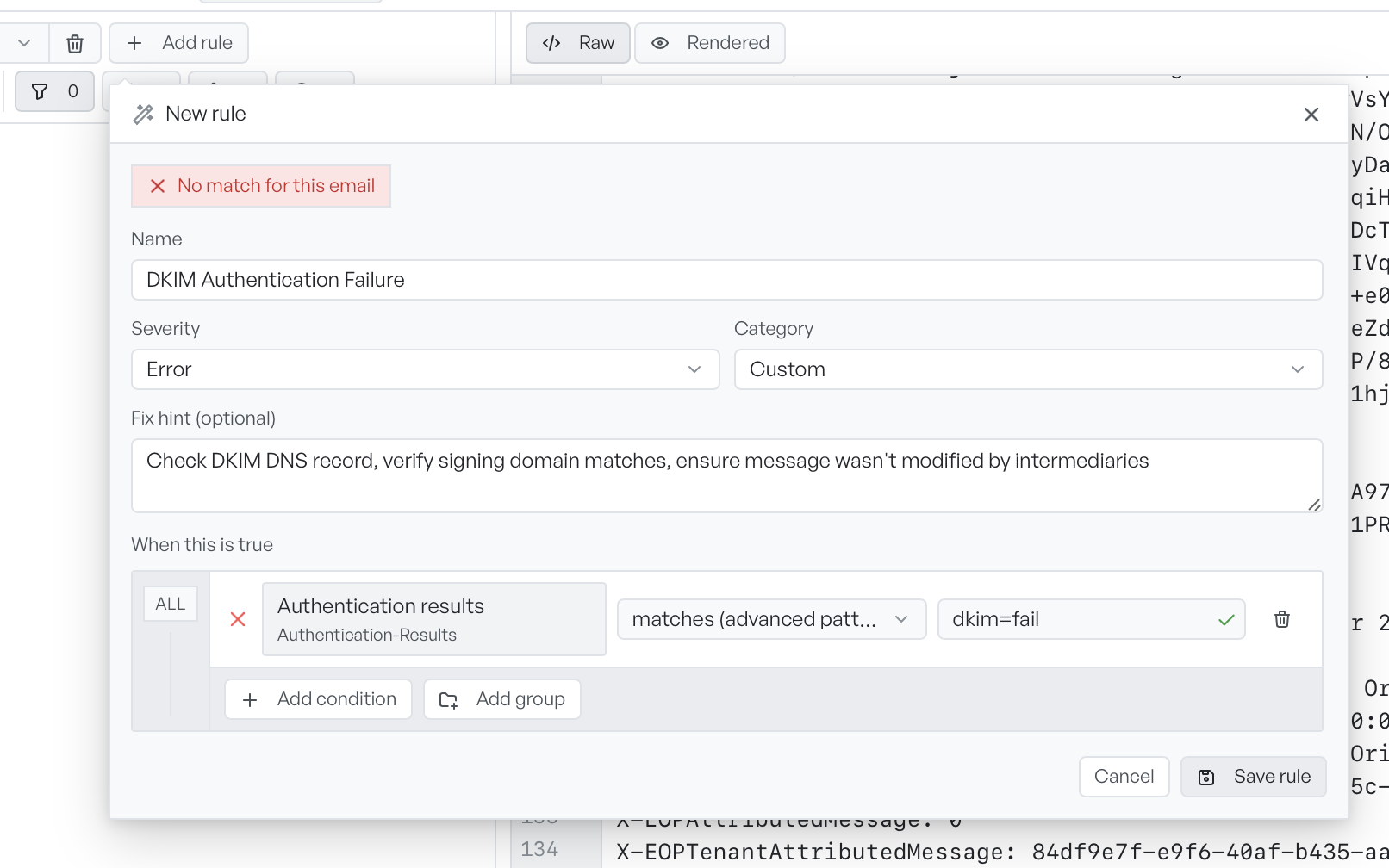 The rule builder with a name, severity, category and fix hint, and a regular expression condition on the Authentication-Results header