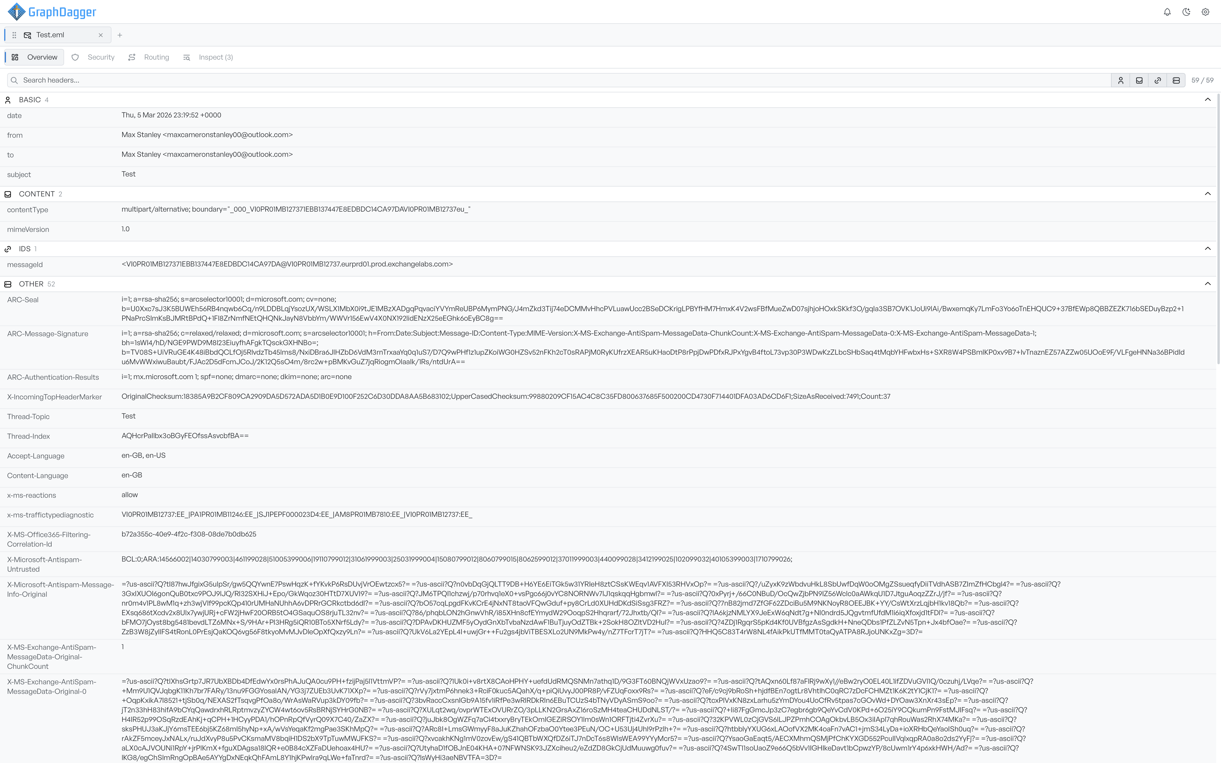 The Overview tab listing every header grouped into Basic, Content, IDs and Other sections, with live search and a header count