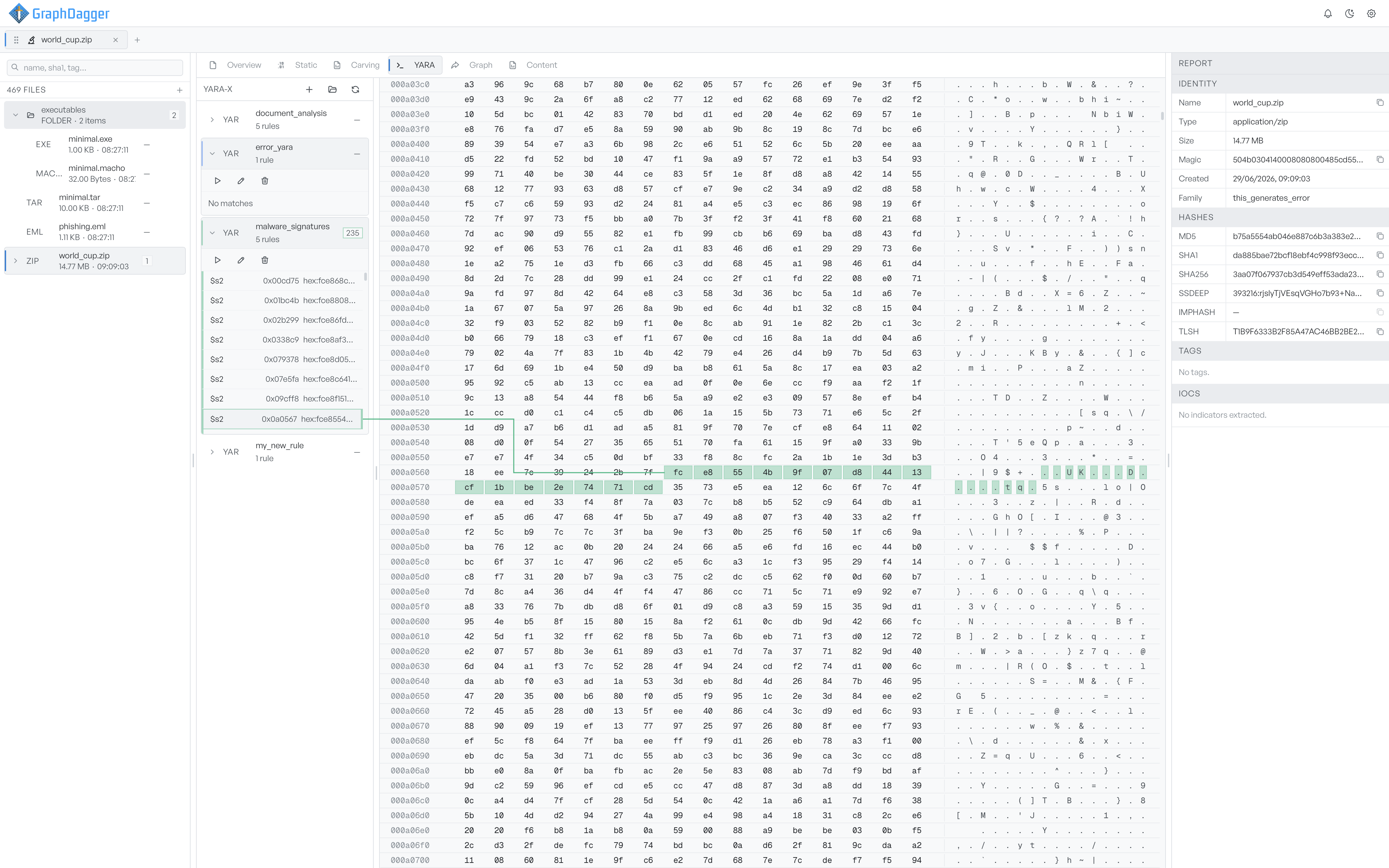 The YARA tab with rule packs in the YARA-X sidebar, one pack showing 235 matches, and matched byte ranges highlighted in green on the hex dump