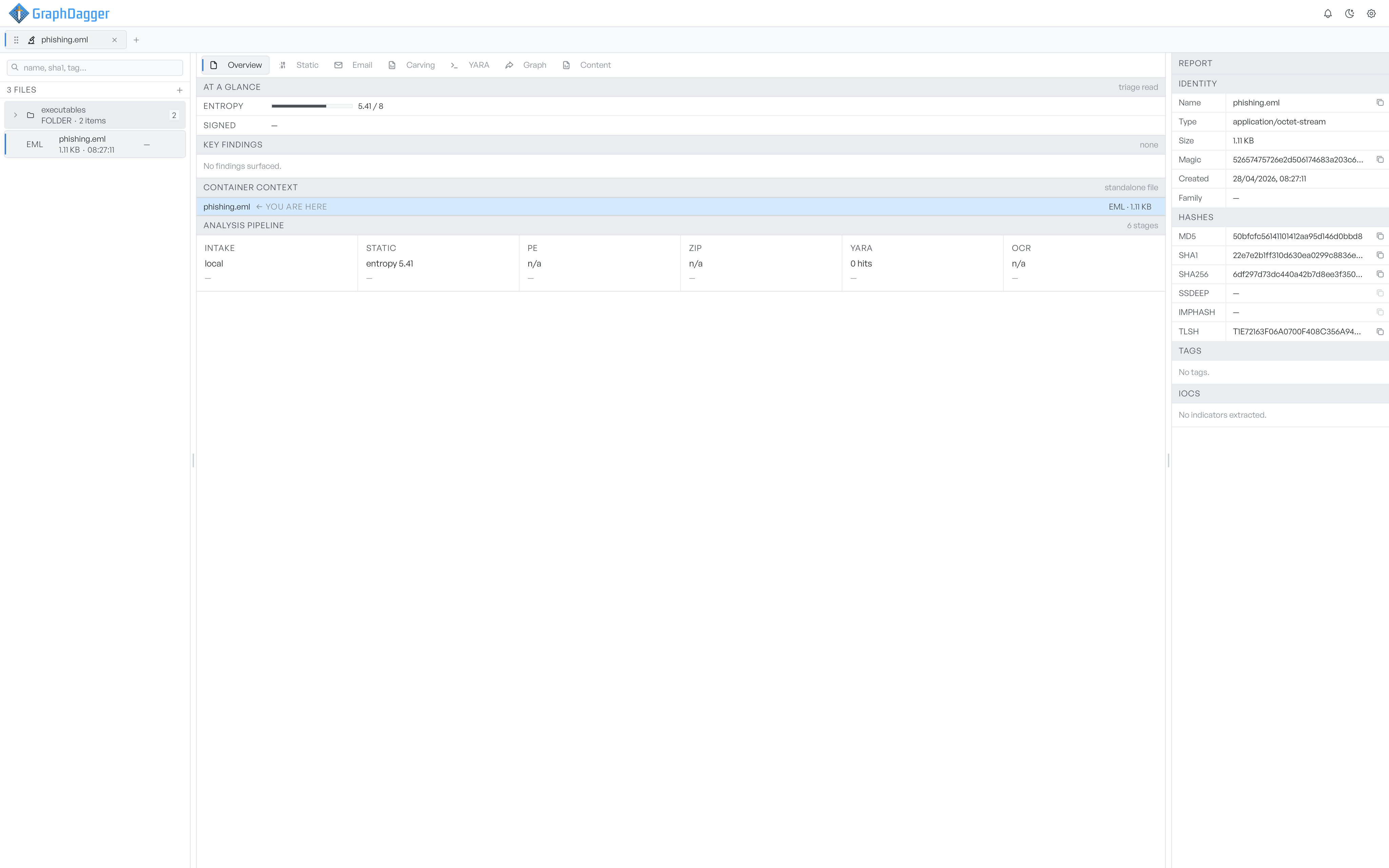 The File Triage workspace with a queue of files on the left, the Overview tab's at-a-glance read, container context and analysis pipeline in the centre, and the report panel on the right