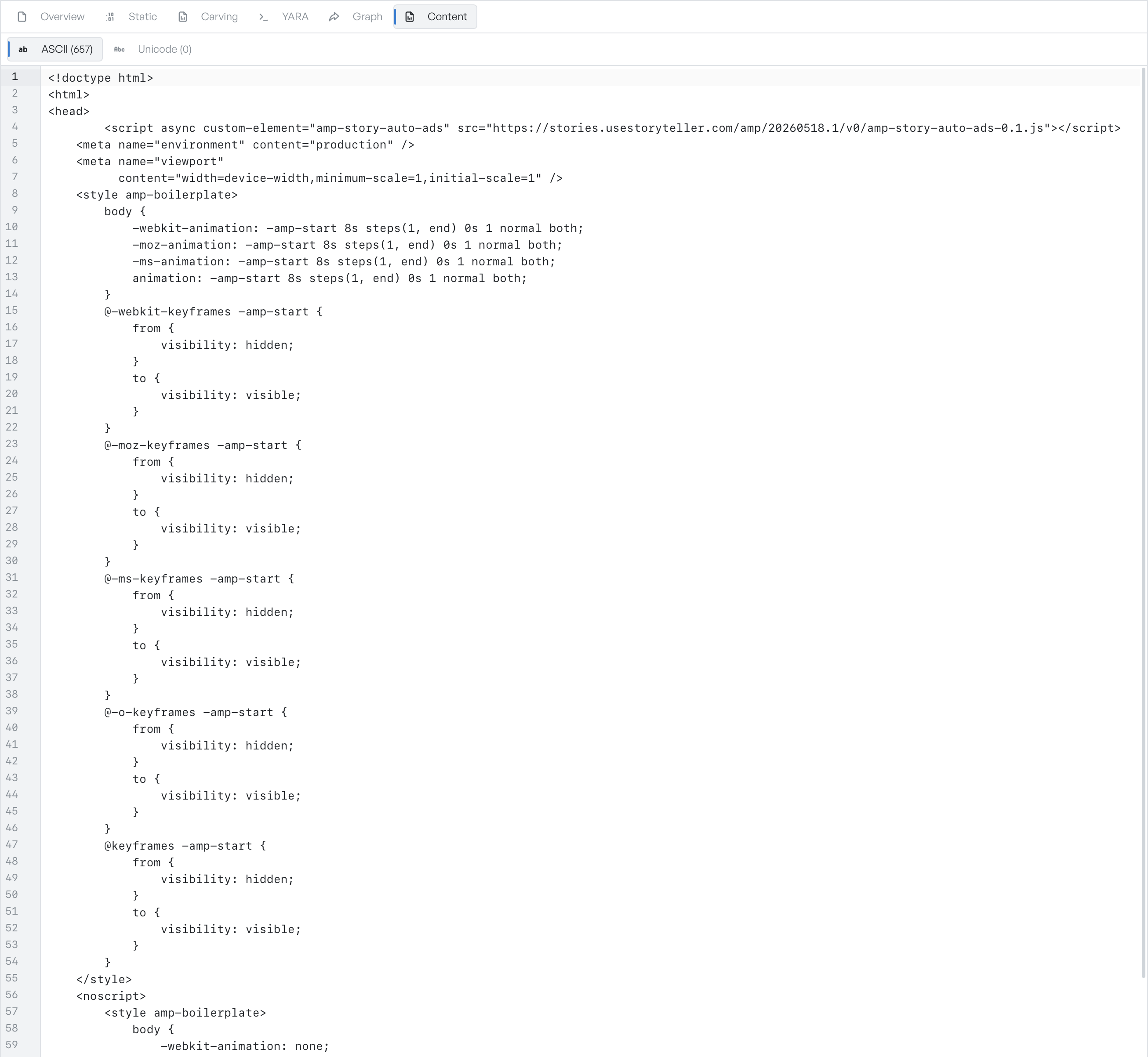 The Content tab's ASCII sub-tab listing 657 extracted strings in a read-only editor with line numbers and wrapping
