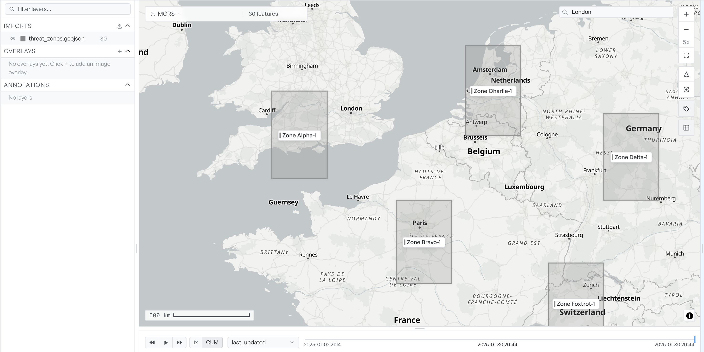 Map of labelled threat zone polygons across the UK and western Europe with the layer sidebar and playback timeline