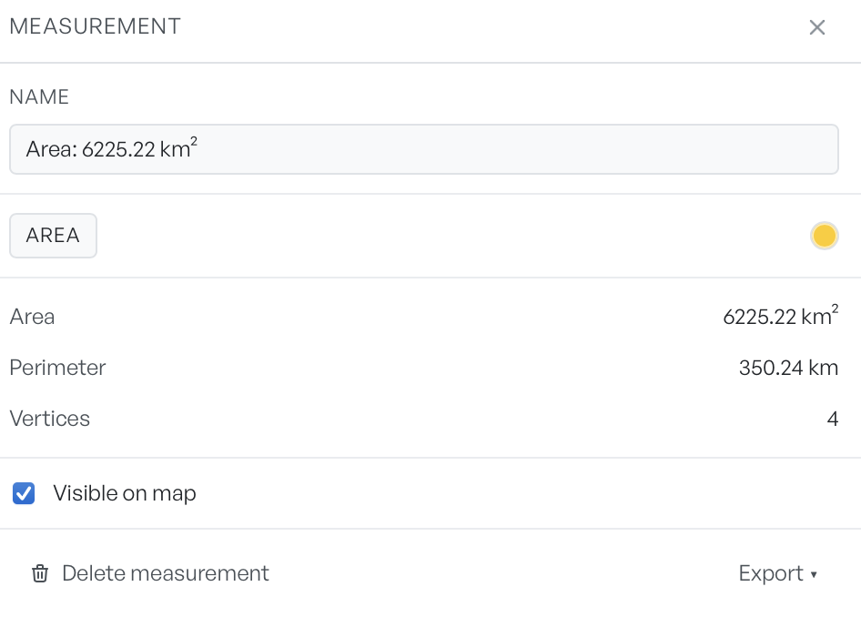 A measurement card reporting an area of 6225 square kilometres, a perimeter and a vertex count, with an export option