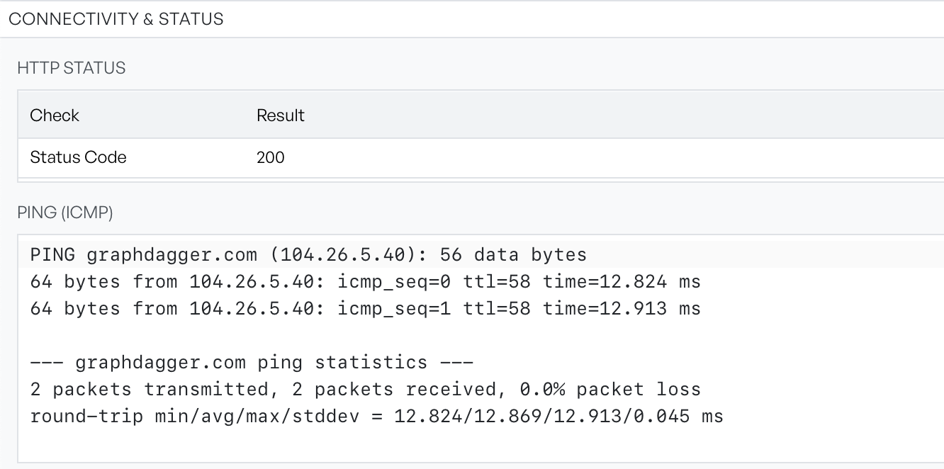 Connectivity checks showing an HTTP 200 response and ping output with round-trip statistics