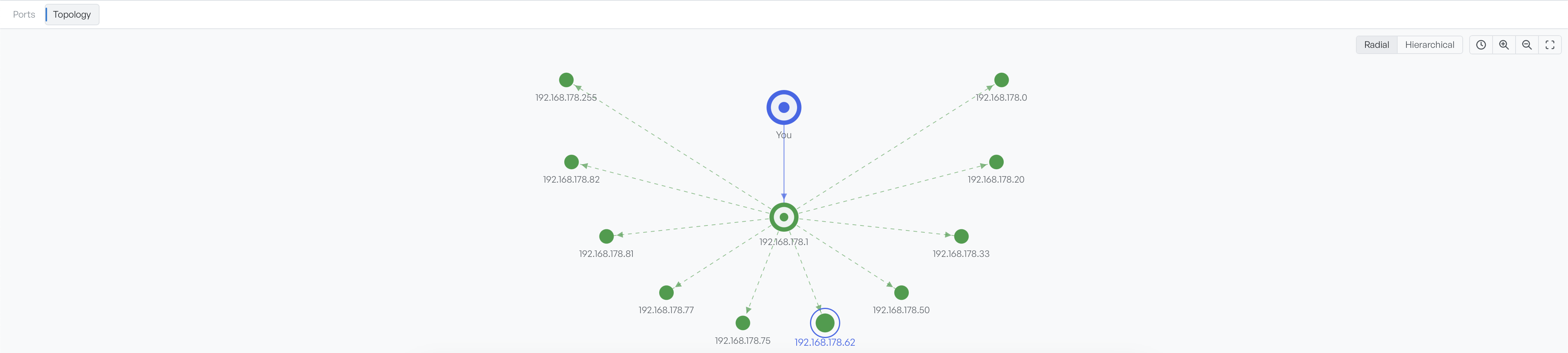 Topology tab in radial layout with your machine above a gateway and eleven discovered hosts arranged around it