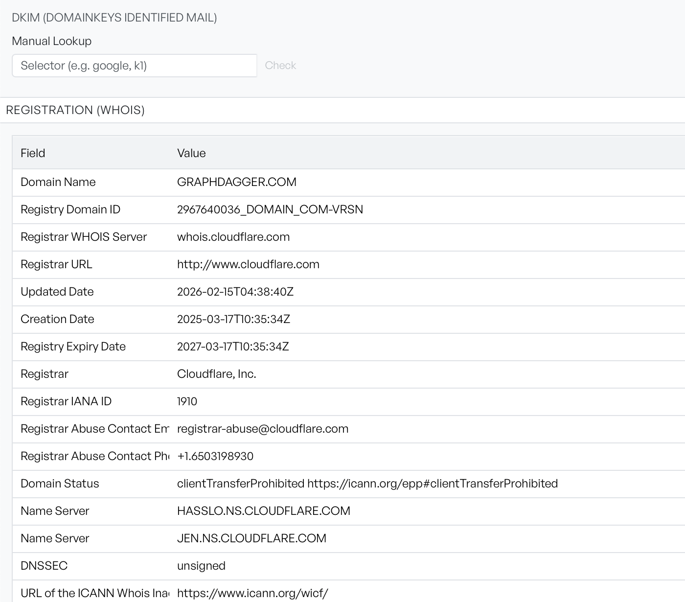 DKIM section with its manual selector lookup above the Registration WHOIS field table