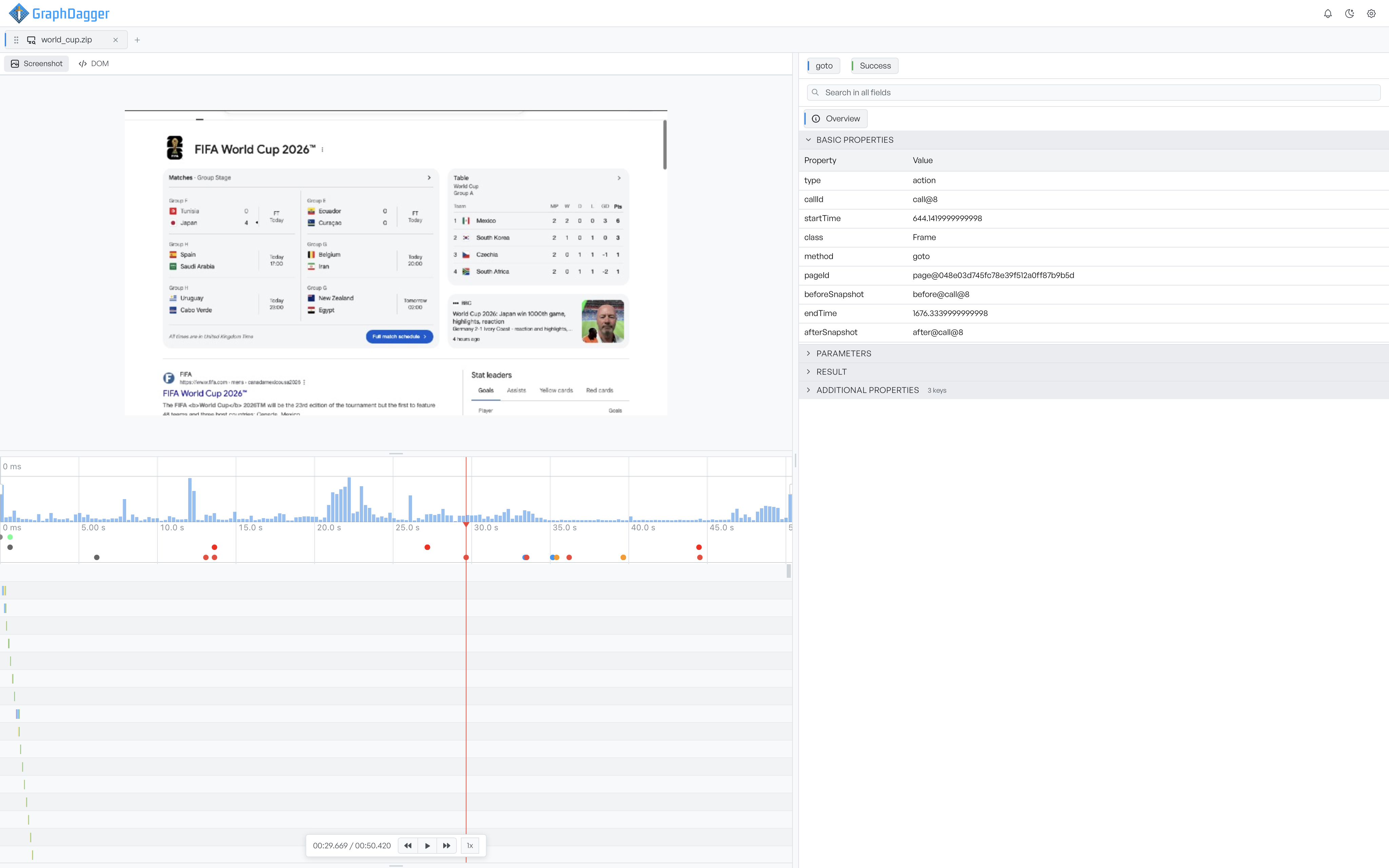 Trace playback showing the rendered page at the playhead above the activity timeline, with the selected call's properties in the inspector