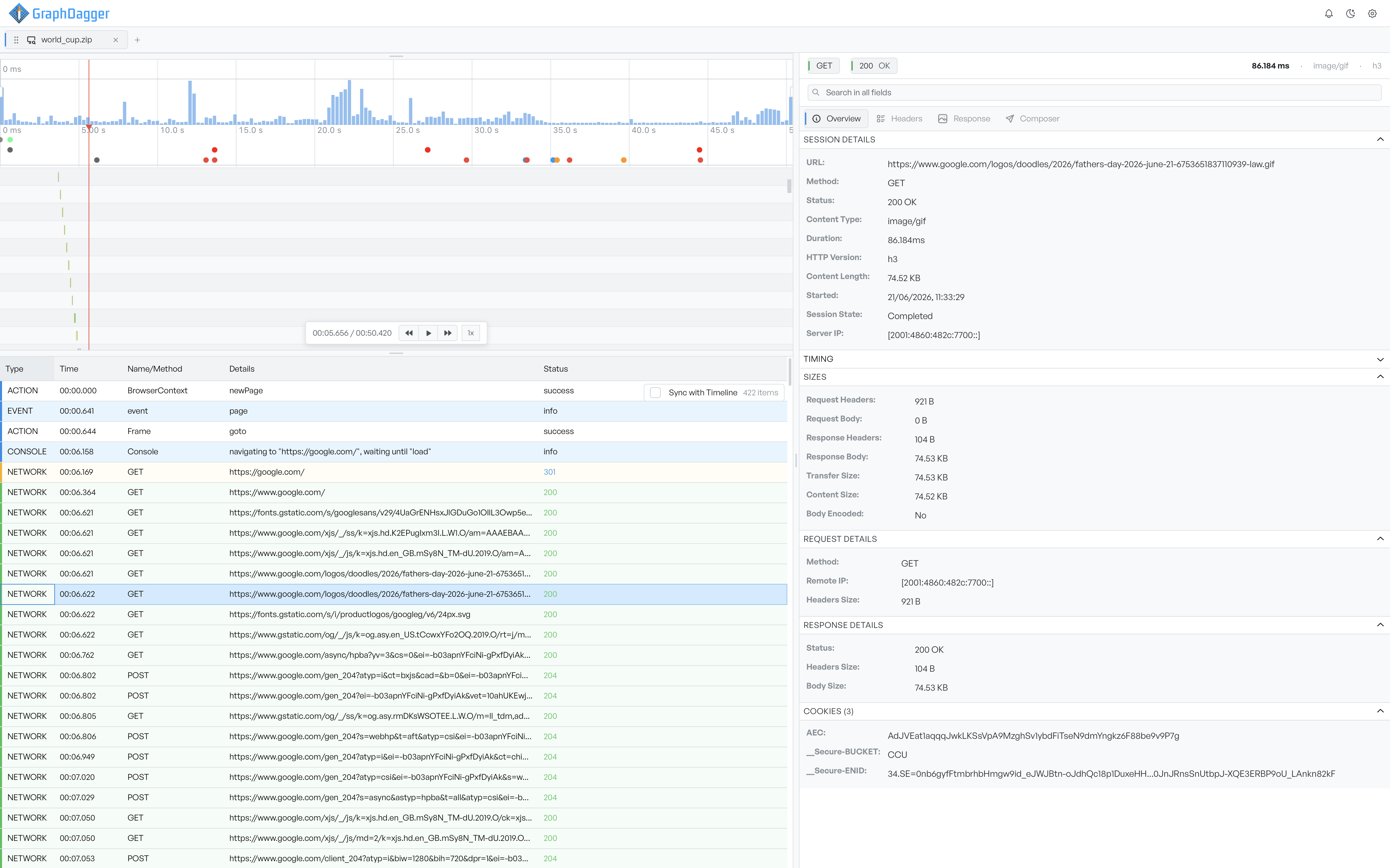 The trace events table beside the network inspector showing session details, sizes and request and response detail for a selected request