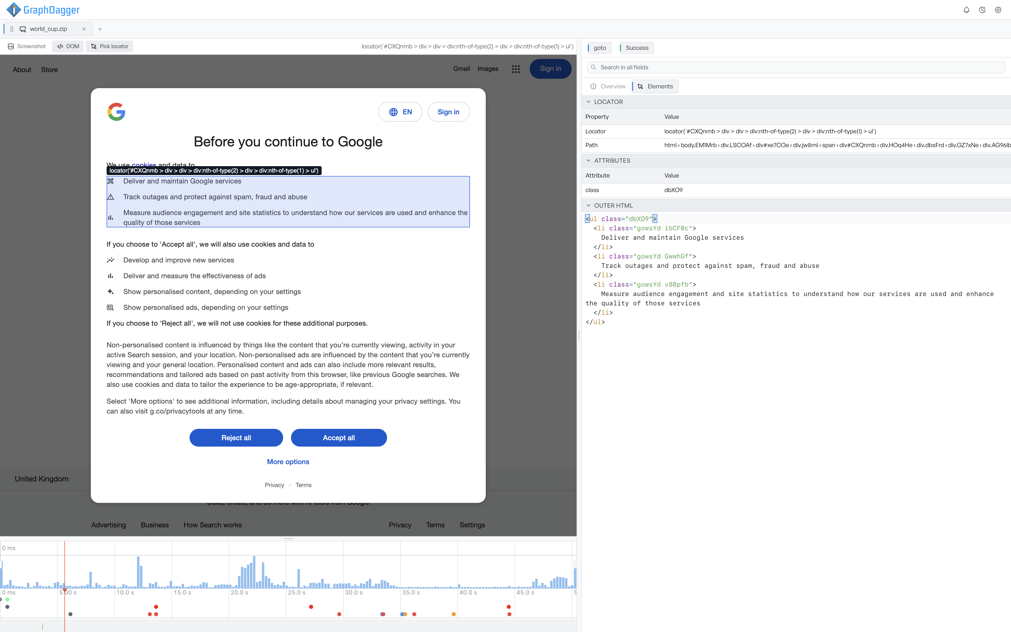 The preview in DOM mode with Pick locator active, an element outlined in the snapshot and the Elements tab showing its locator, attributes and outer HTML