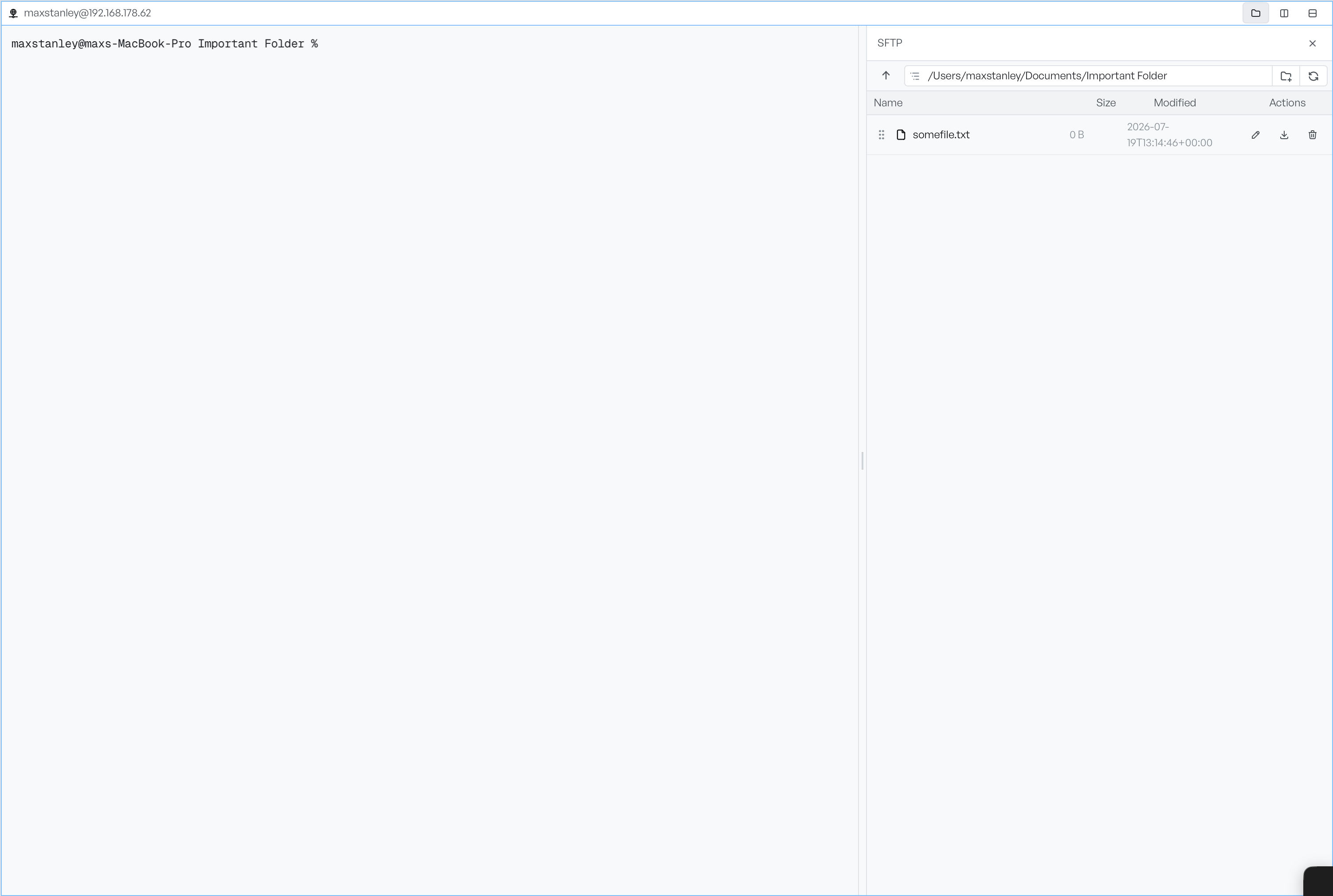 Connected SSH session with the terminal prompt beside the SFTP file browser listing the remote directory