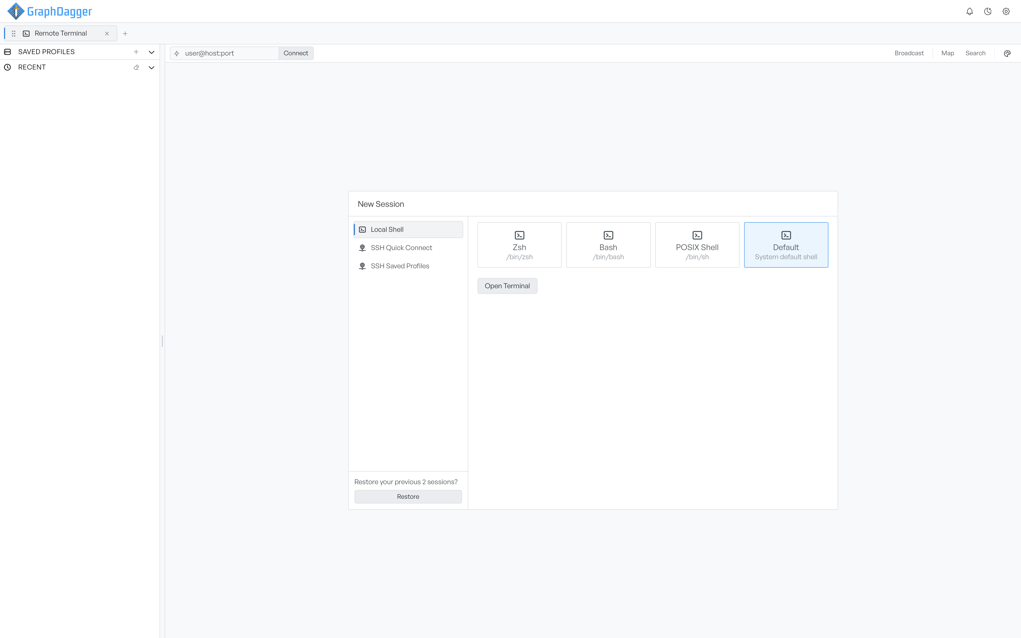 New session dialog offering Zsh, Bash and POSIX local shells, SSH quick connect, saved profiles and session restore