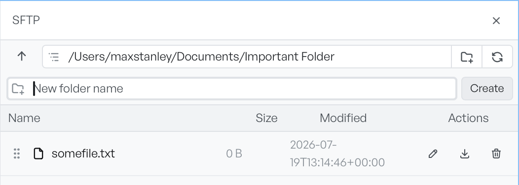SFTP panel with a new folder field open and inline rename, download and delete actions on a file row