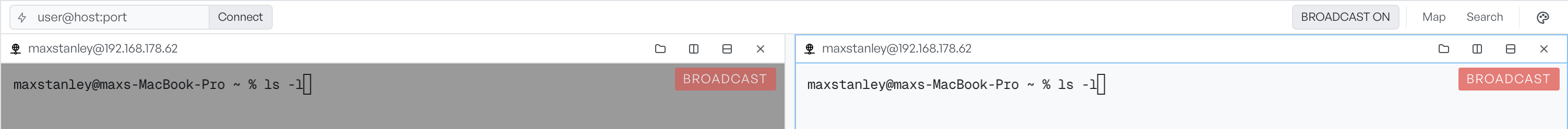 Two terminal panes side by side, both showing the same typed command, with Broadcast on and a red badge on each pane