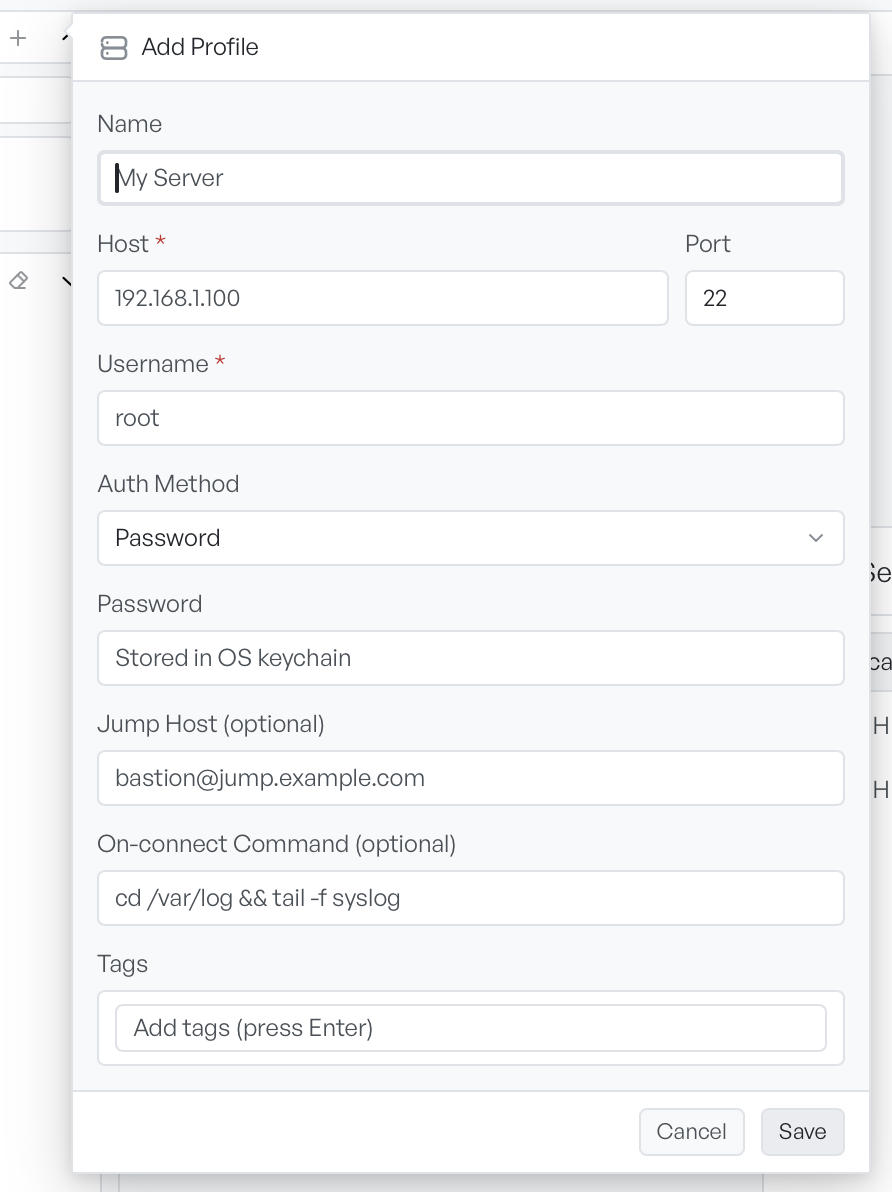 The Add Profile dialog with fields for name, host, port, username, auth method, jump host, on-connect command and tags