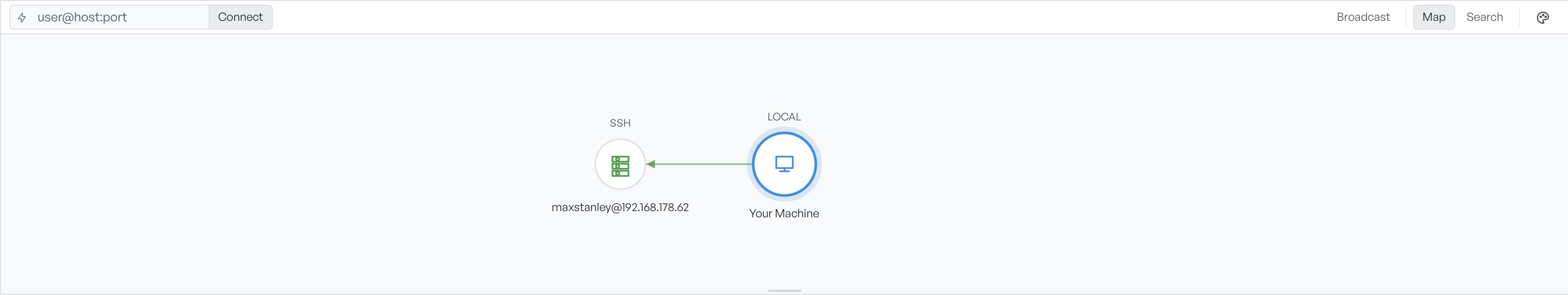 The connection map showing the local machine linked to a remote SSH host