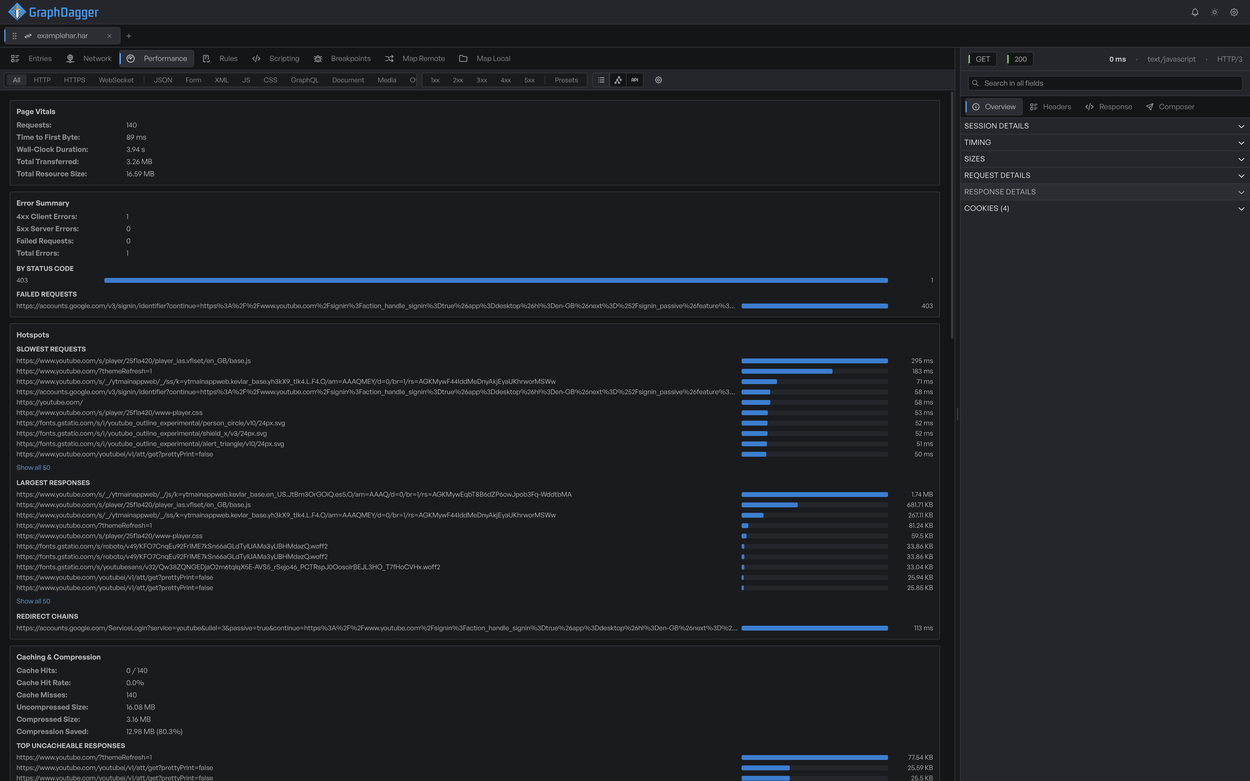 Performance overview with page vitals, error summary, slowest requests, largest responses and redirect chains