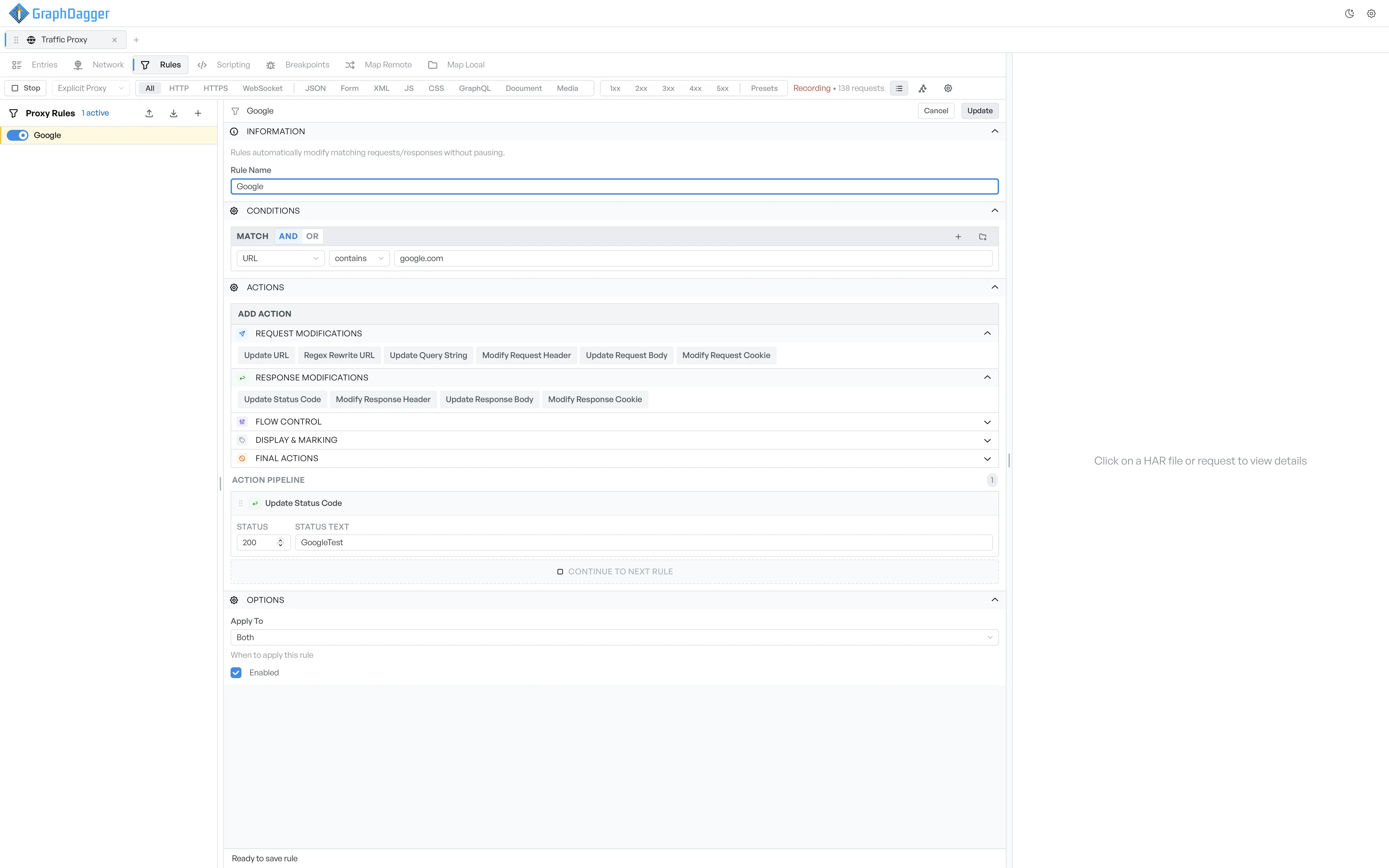 GraphDagger Web Debugger rule editor with match conditions and actions