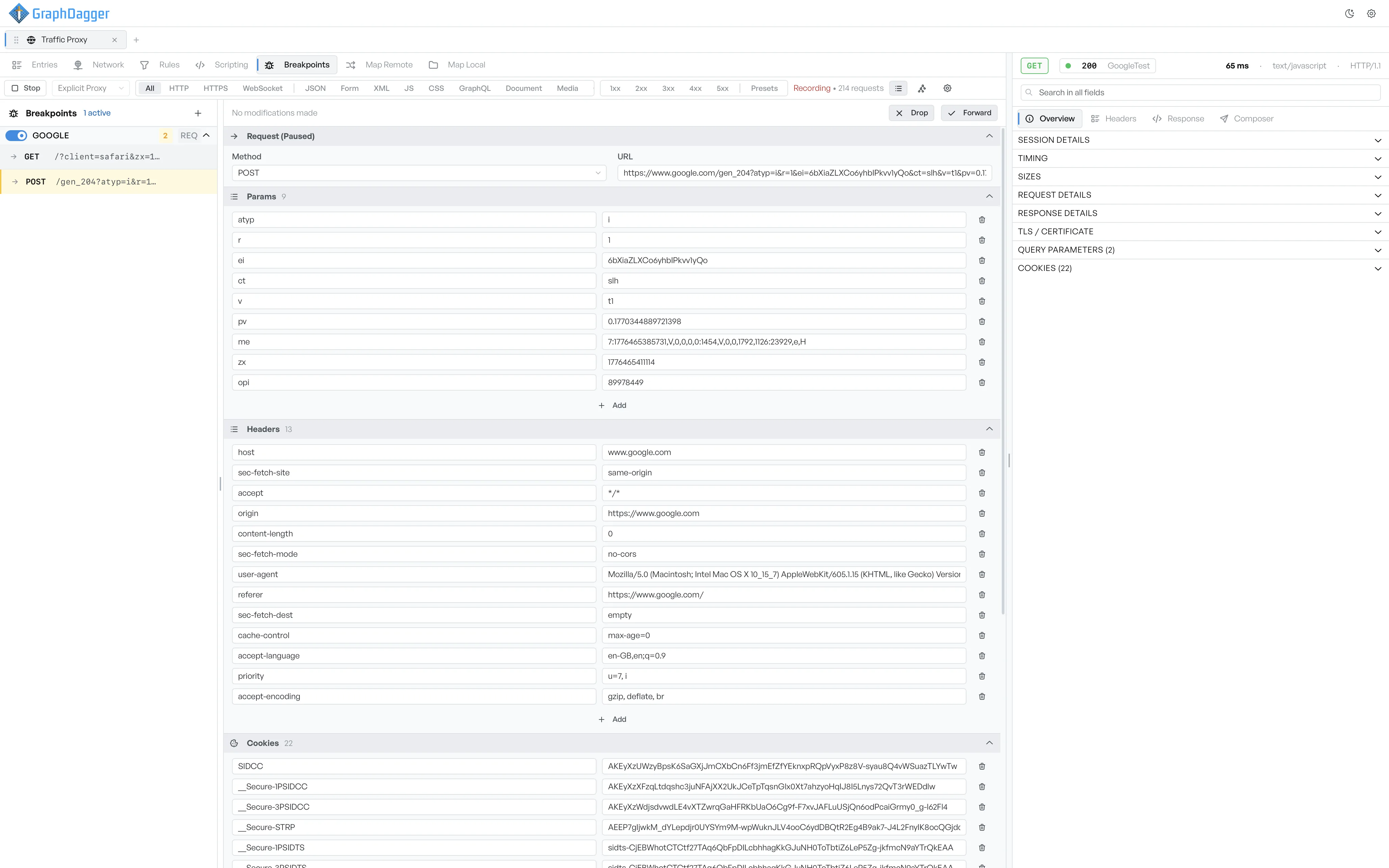 GraphDagger Web Debugger breakpoint pausing a request for editing