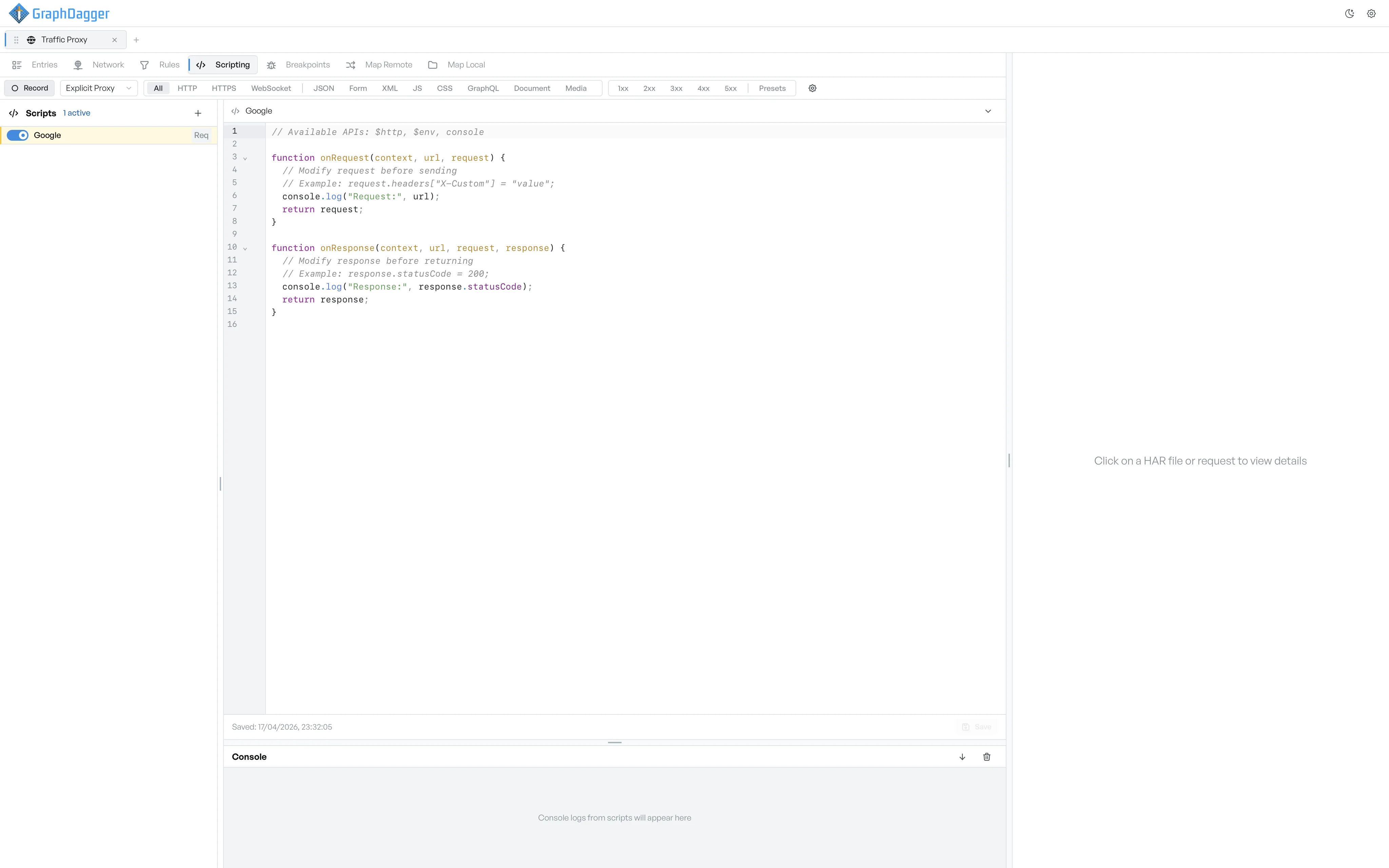 The script editor showing onRequest and onResponse functions with syntax highlighting, above the console panel for script output
