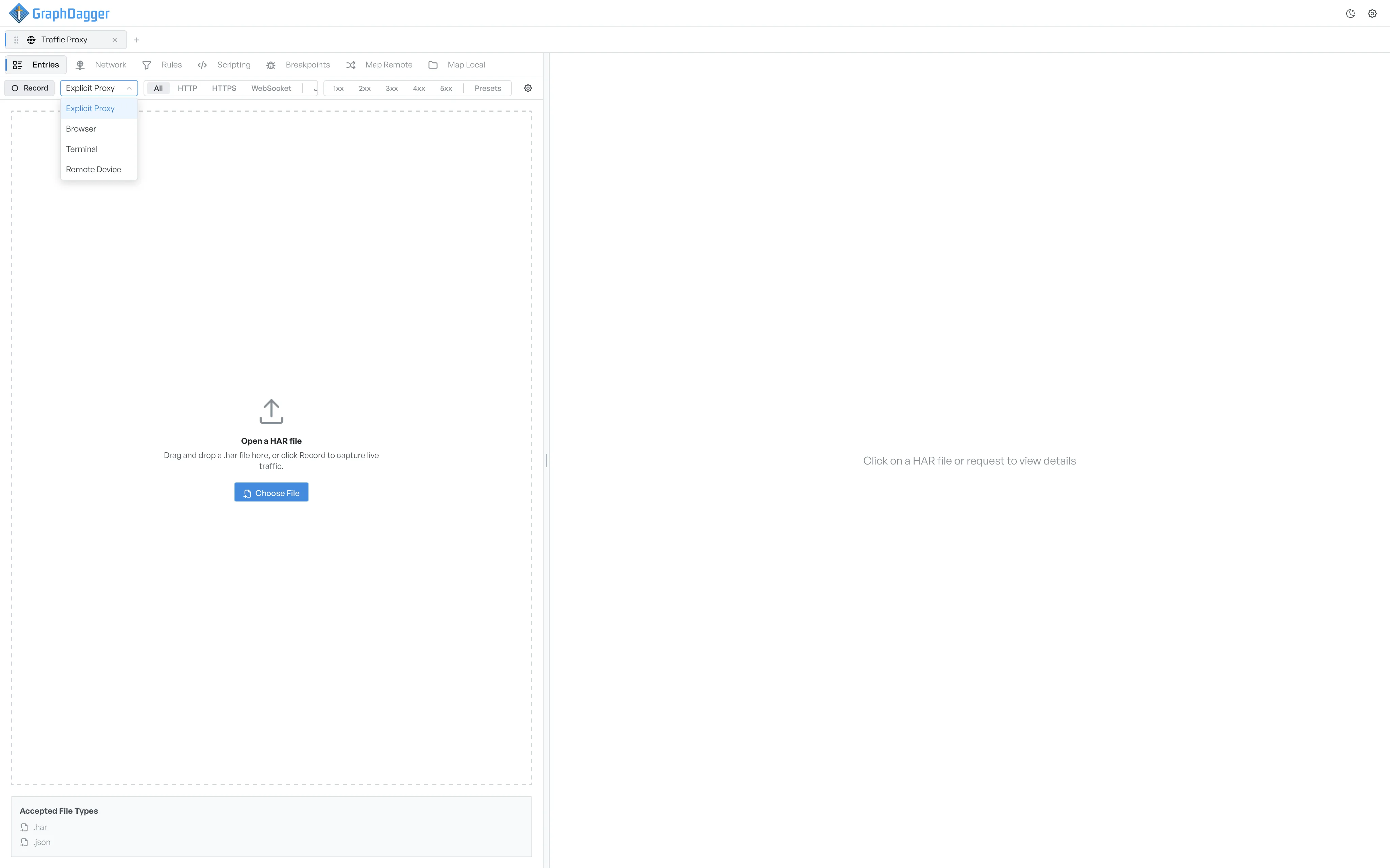 GraphDagger Web Debugger capture source picker with browser, terminal and remote device modes