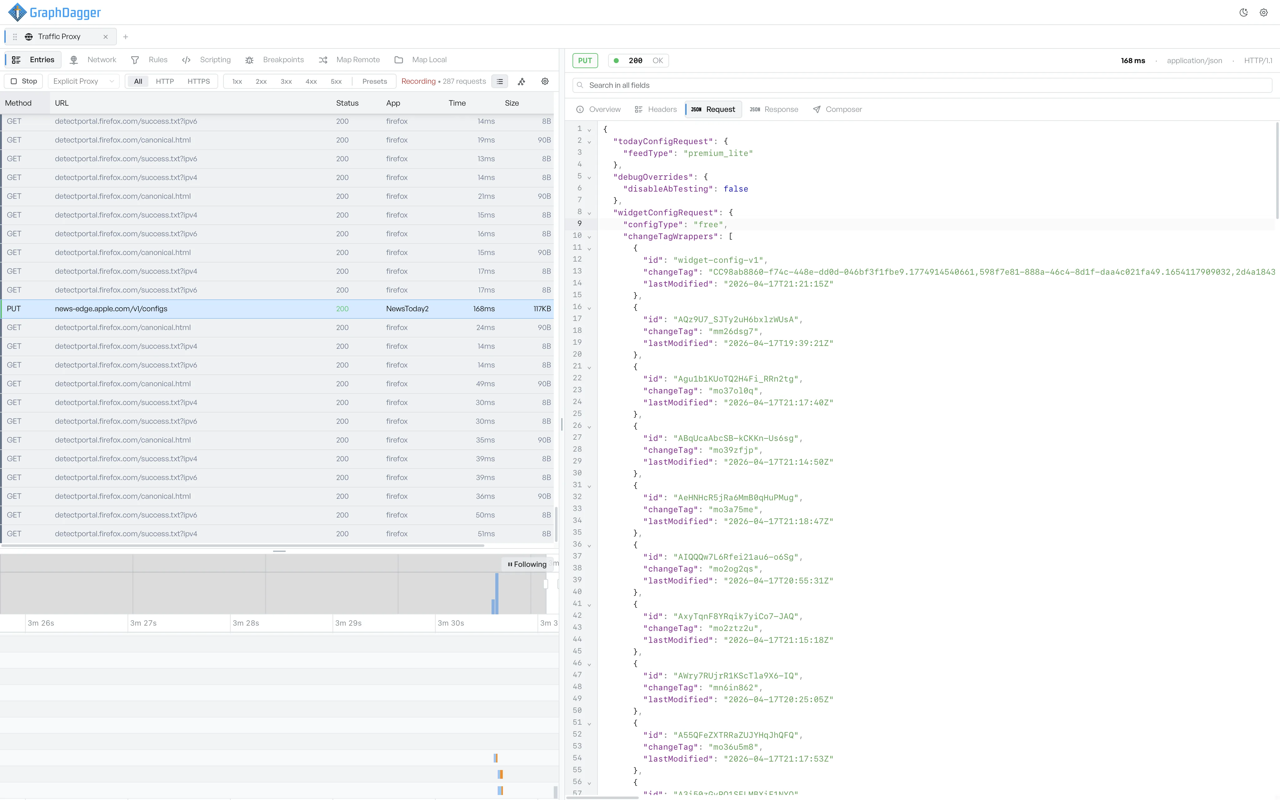 A syntax-highlighted JSON request body open in the detail panel beside the captured entries grid